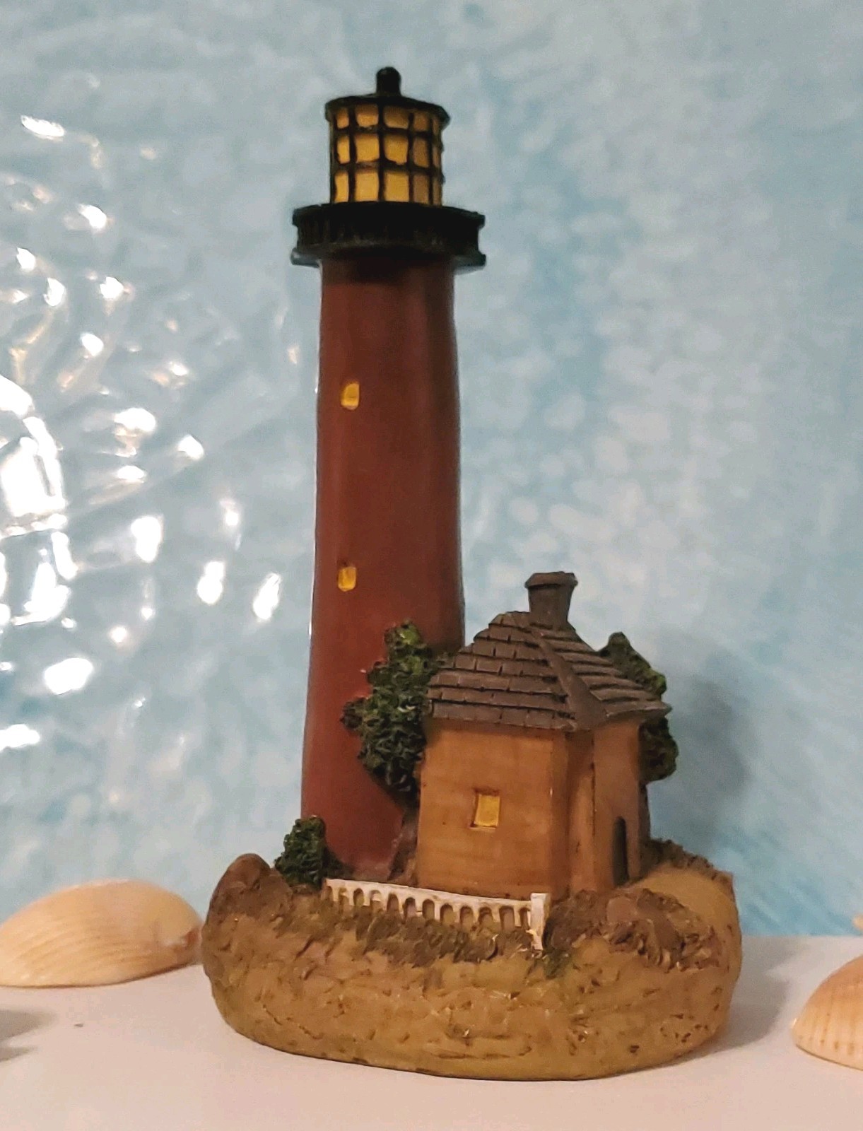 Lighthouse & Cottage Nautical Painted Resin Figurine Brown Black Beige Green