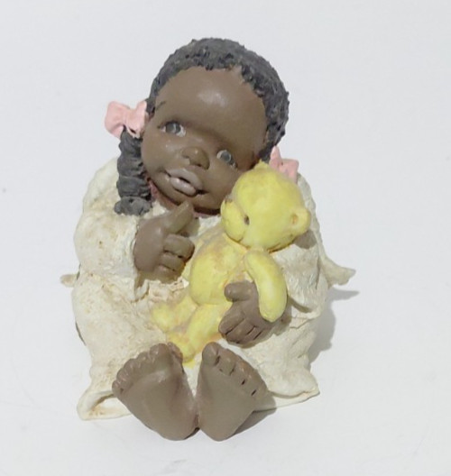 African American Baby Girl With Teddy Bear White Robe Wings Heavenly Angel 4″