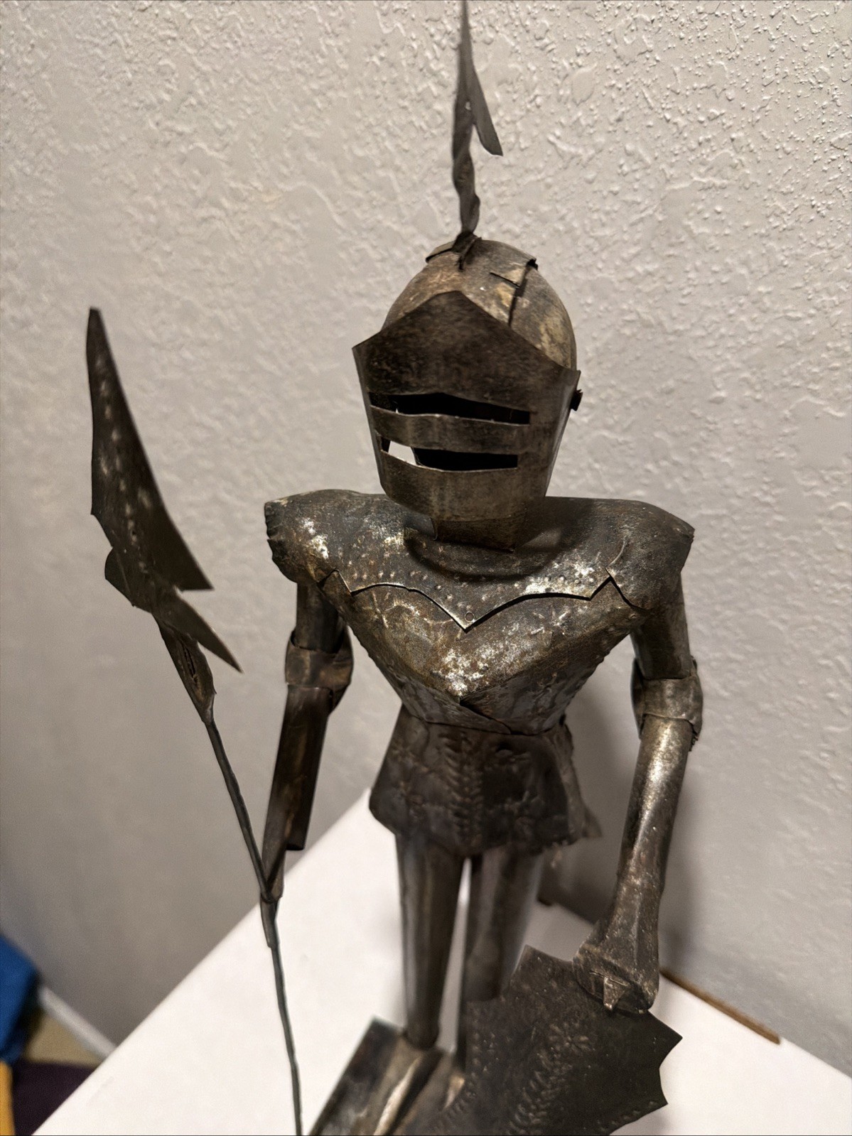 Vintage Knight in Armor Statue Medieval Silver Tin Figurine 15” Made In Mexico