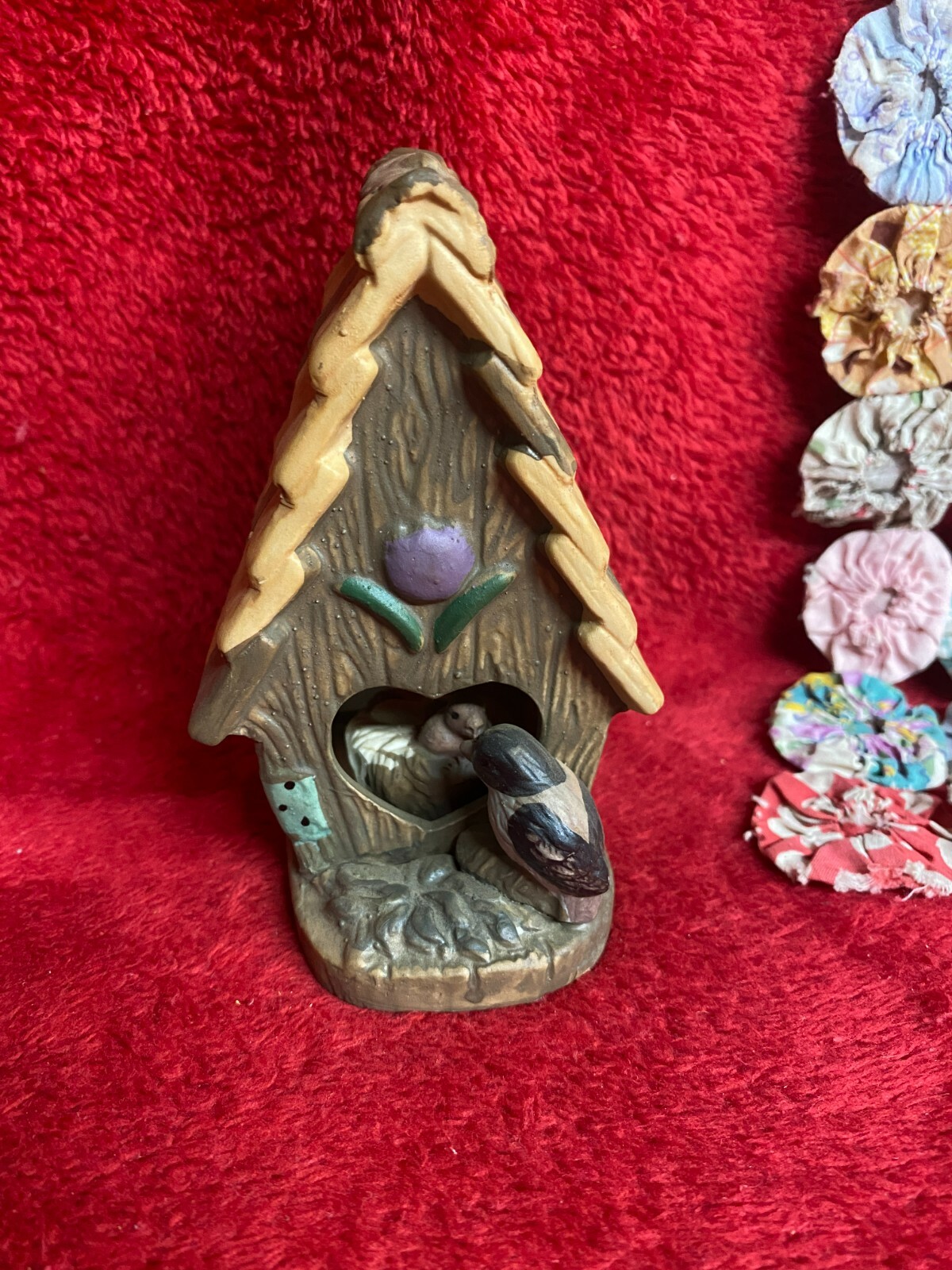 Vtg Porcelain Bird House with Birds Nest Eggs & Heart Shape Doors Decorative