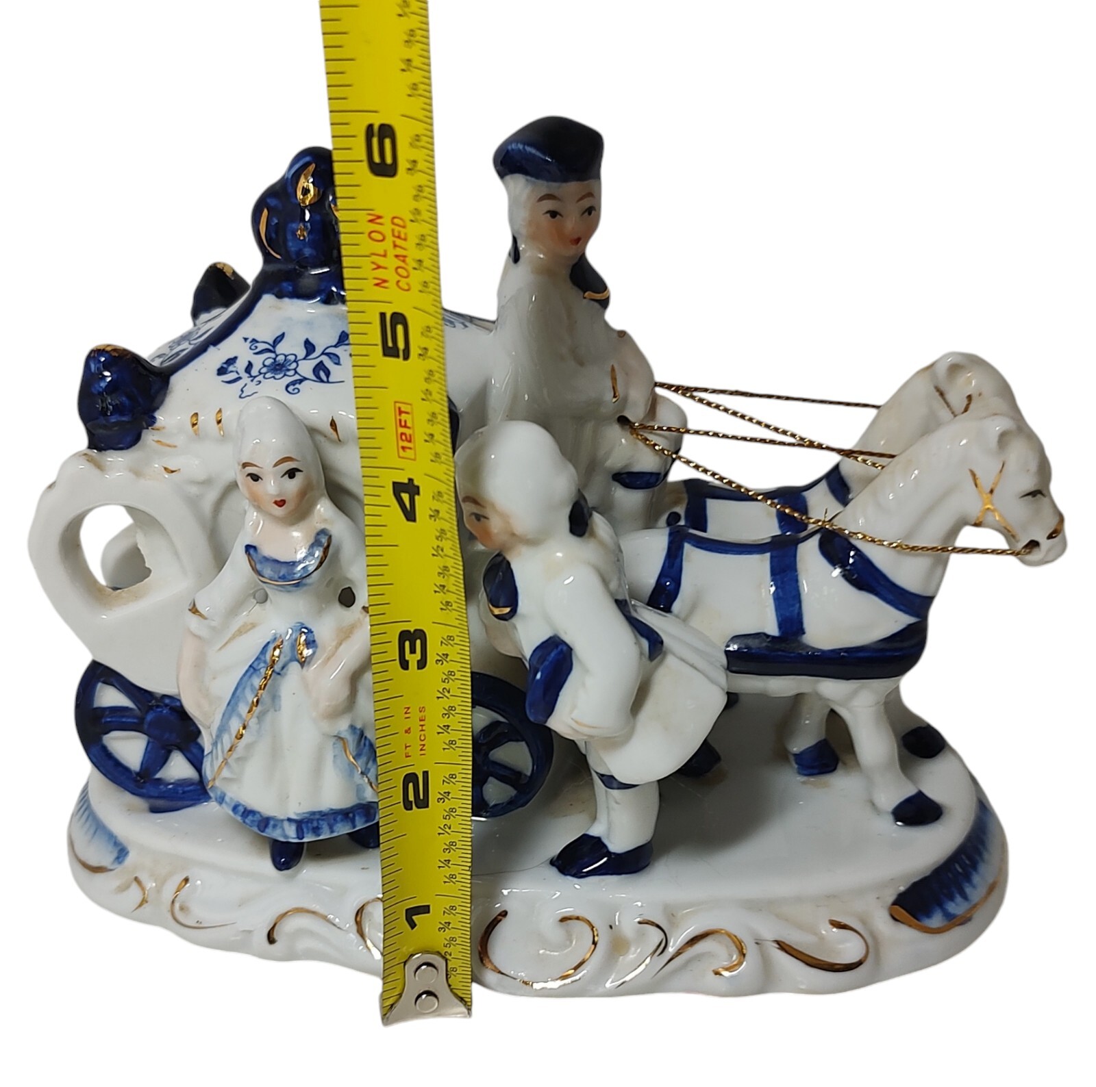 Vintage Colonial Figurine Cobalt Blue and White Porcelain Lady Coach Horses SEE