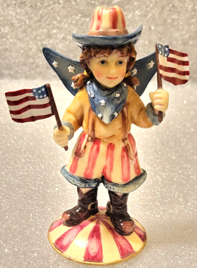 Patriotic Angel Child Figurine Holding American Flags Red, White & Blue
