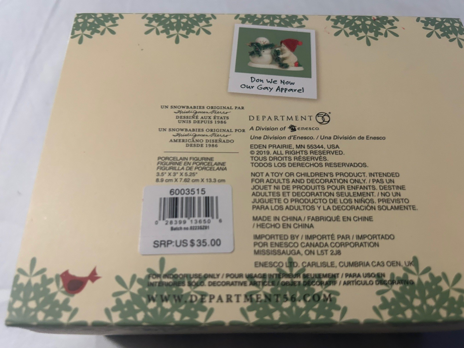 Dept 56 Snowbabies Figurine Now We Don Our Gay Apparel Snowman Garland in Box