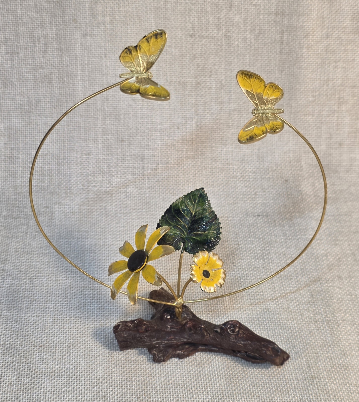 Metal Sculpture Butterflies Flowers Leaves Resin Log Base Handpainted Goldtone