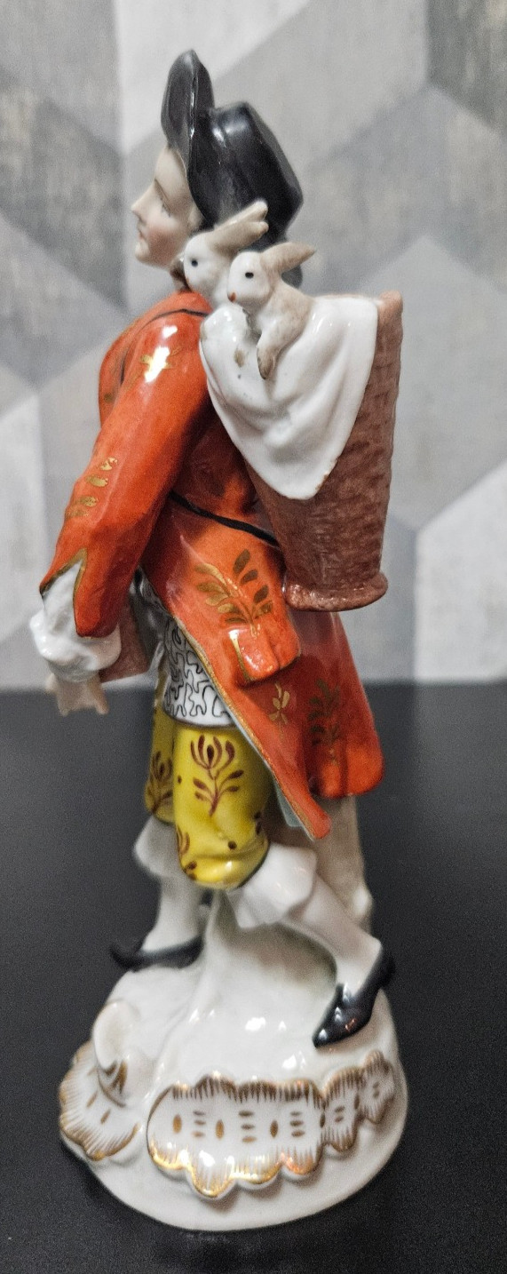 Antique Sitzendorf Germany Porcelain Rabbit Seller Boy Figurine Crown S Mark