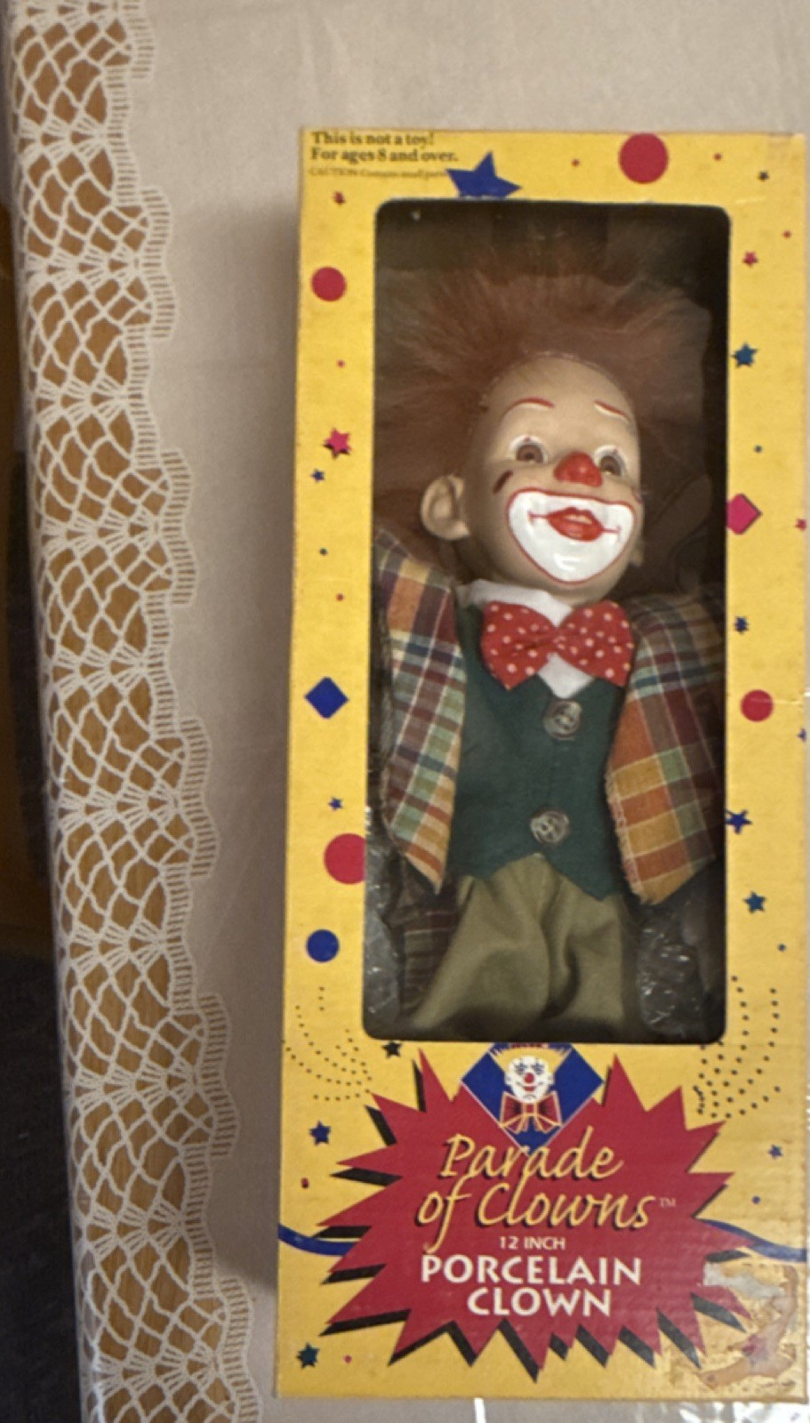 Parade of Clowns Porcelain Clown Figurine 12in Multicolor Plaid Boxed