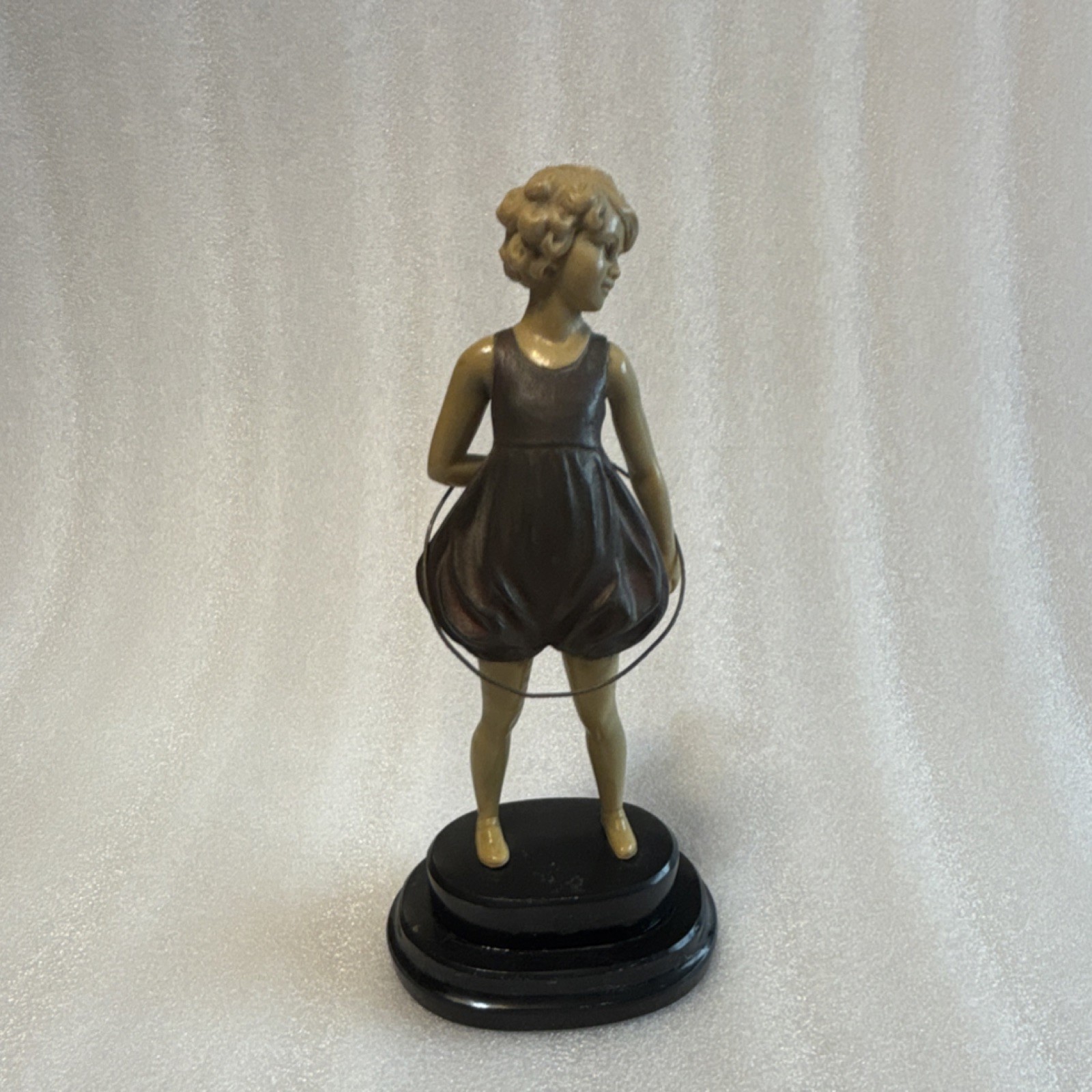 Girl w/hoop 1920’s Resin Metal wood base, 9in figurine after Priess Art-Deco