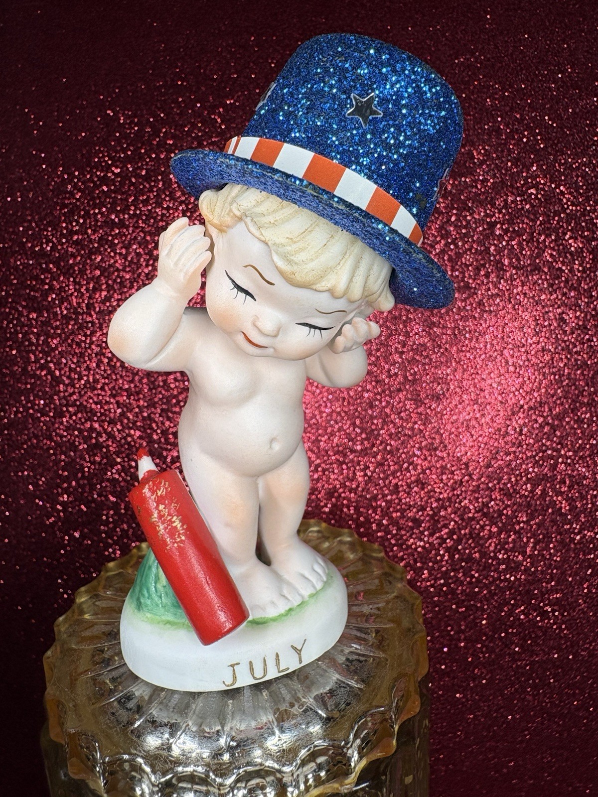 Vtg Lefton July Angel Girl In Blue Glitter Top Hat Firecracker Figurine Japan