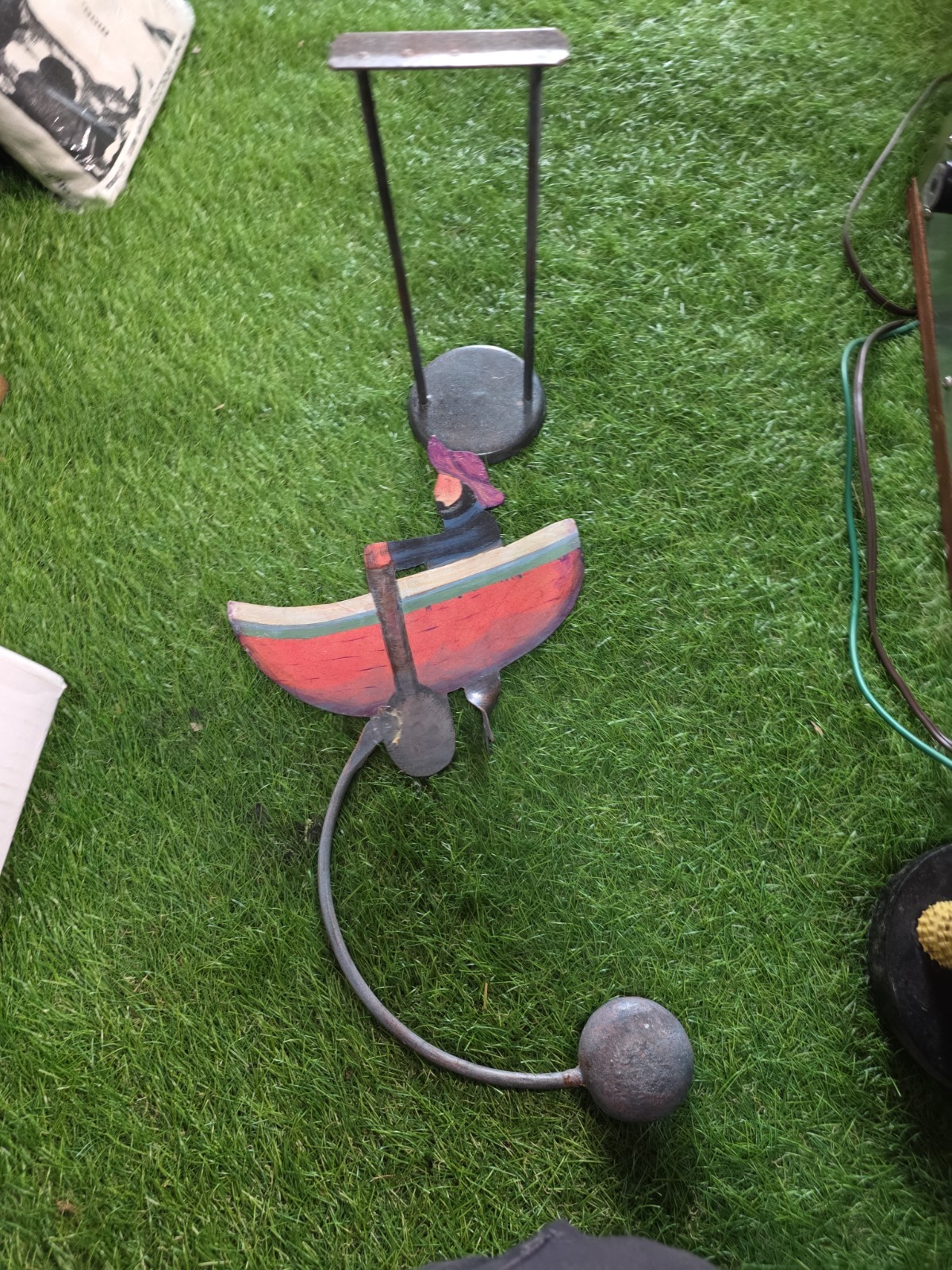 NICE VINTAGE PENDULUM BALANCING SCULPTURE MAN BOAT ROWING 16″ PAINTED METAL