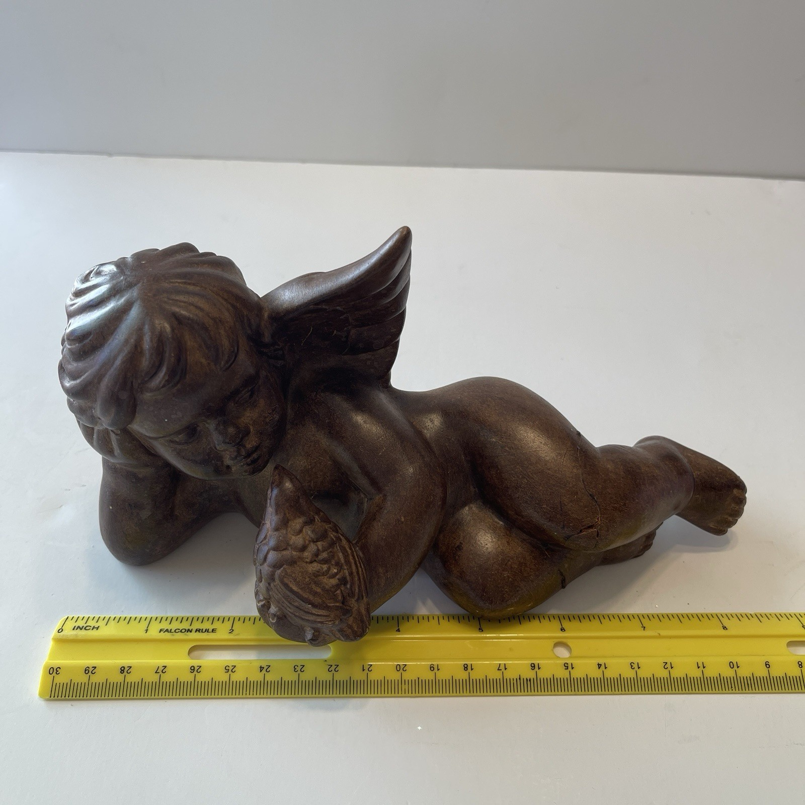 Vintage Reclining Cherub Angel Statue Ceramic Religious Decor Patina