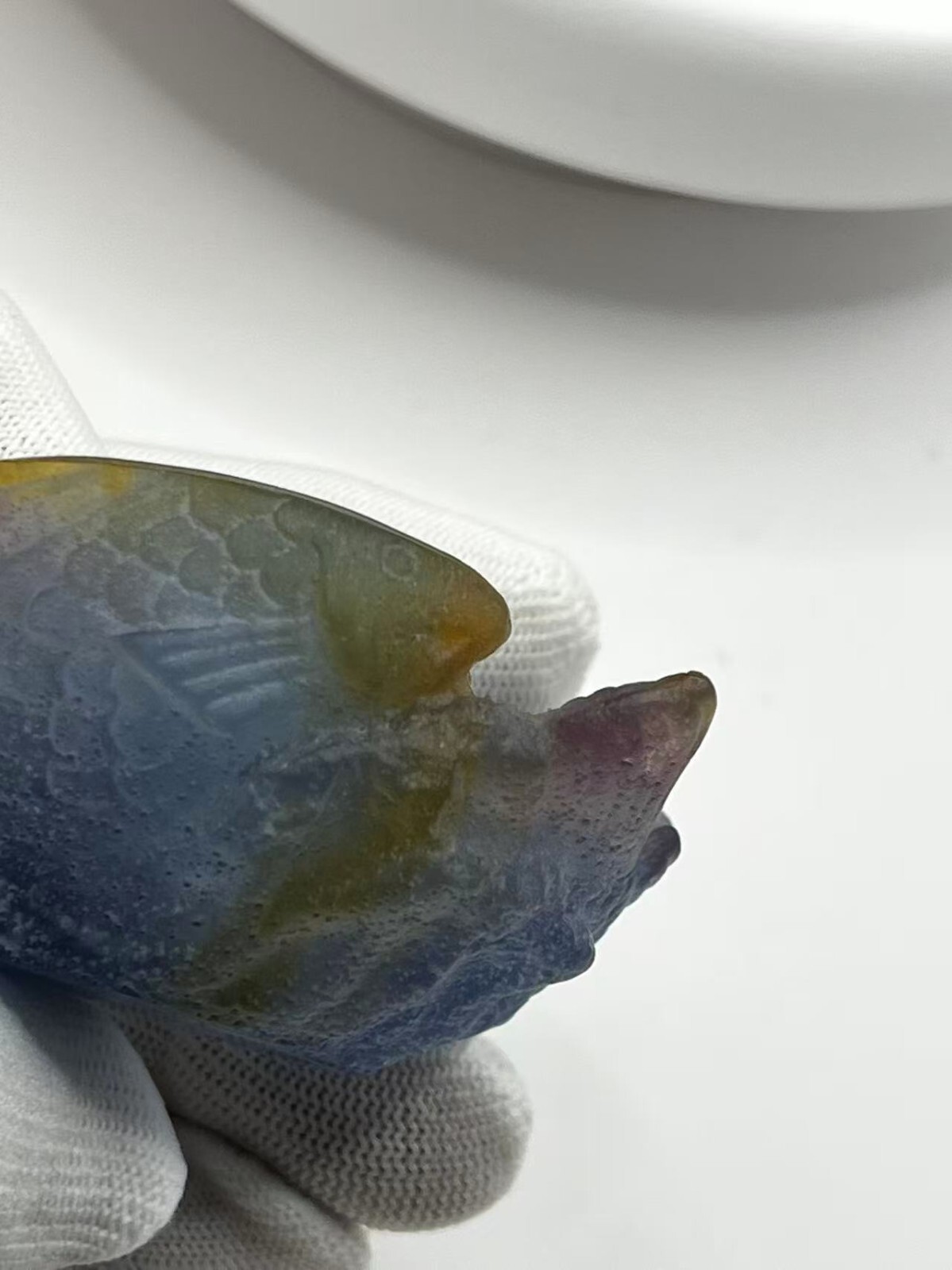 Daum France Pate de Verre Art Glass Small Fish Bowl / Pisces Gift w/ Wooden Box