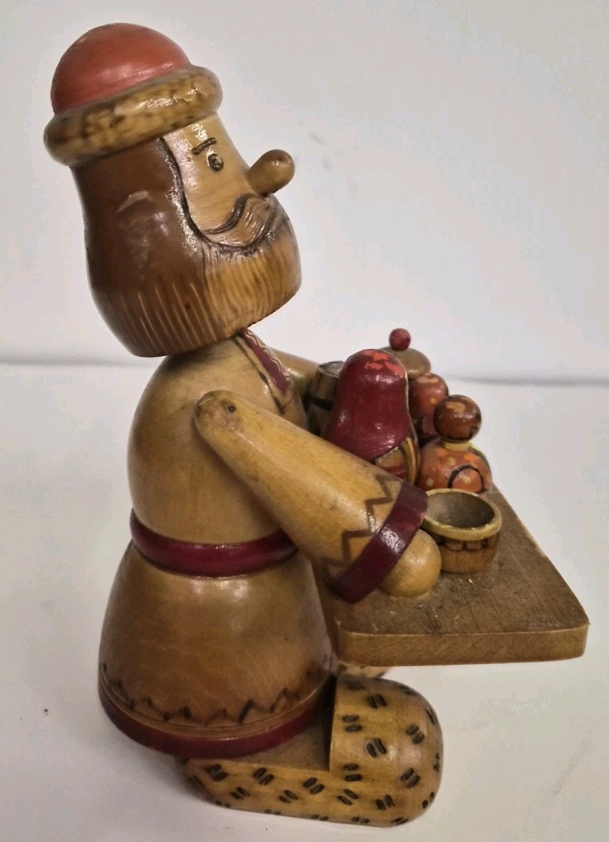 Wood Hand-Painted Man Figurine Holding Tray, Brown/Red, Kids Decor
