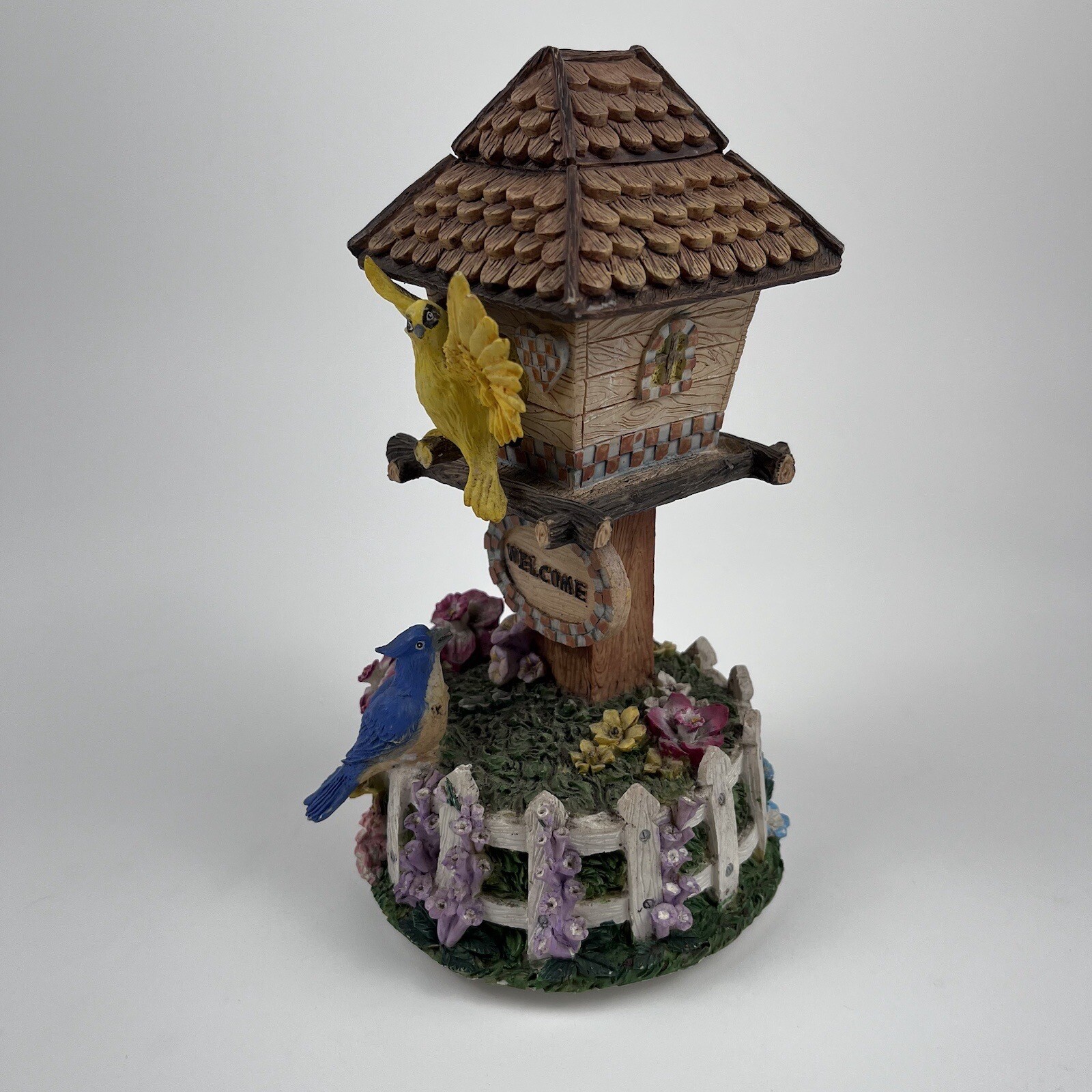 Birdhouse Music Box With BIRDS And FLOWERS 8″ Figurine with Welcome Sign