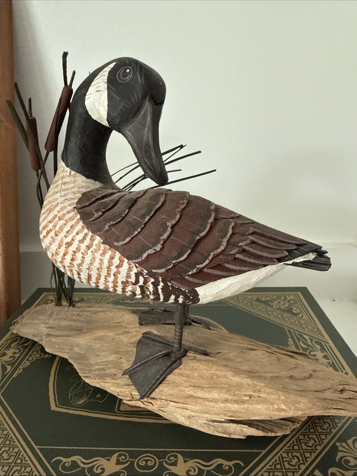 Vintage 1979 Bob Wrenn Hand Carved Canada Goose Sculpture Driftwood Base