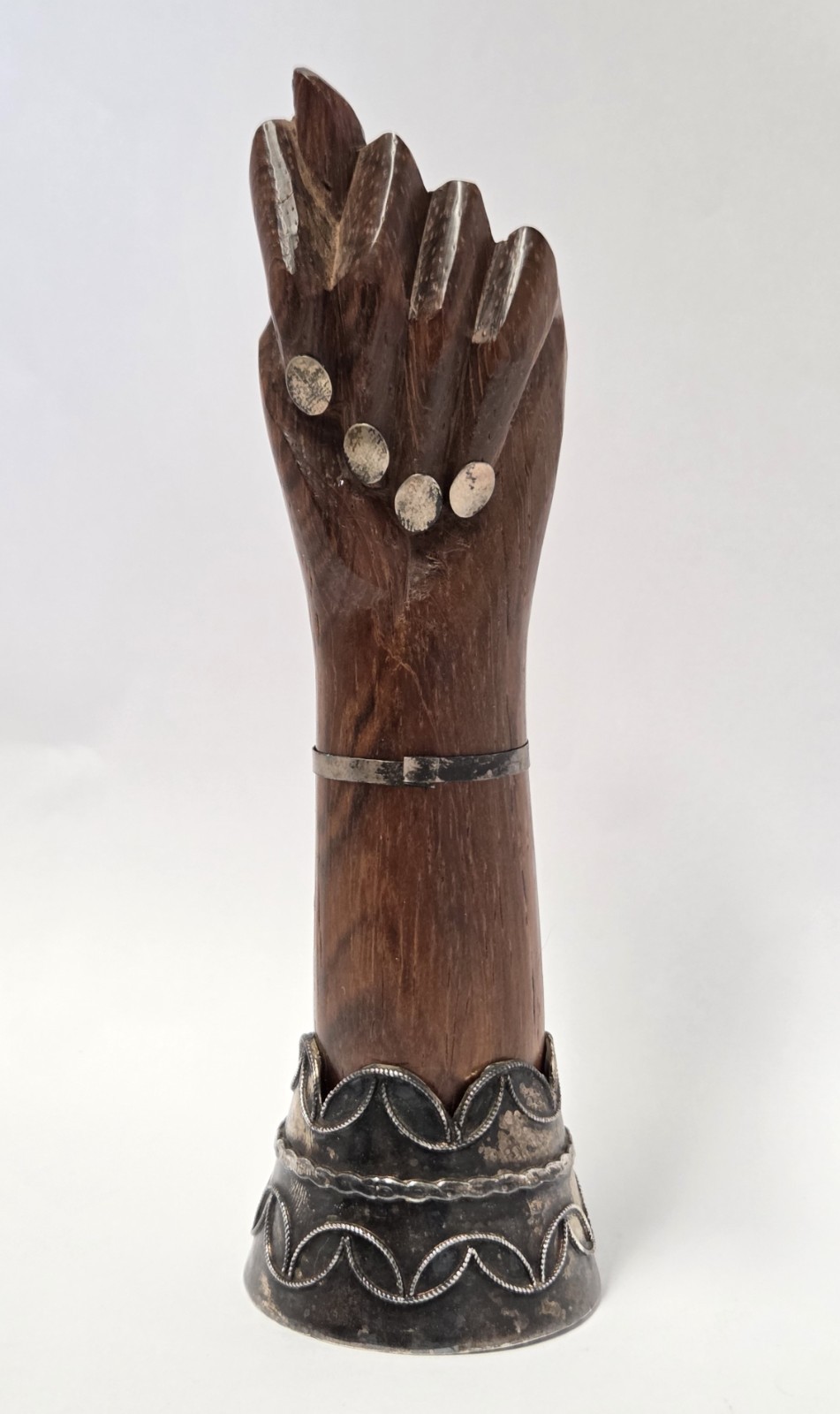 Vtg Gerson Bahia Brazil Mano Figa Fist Statue Wood Silver Plated 5.5″ Good Luck