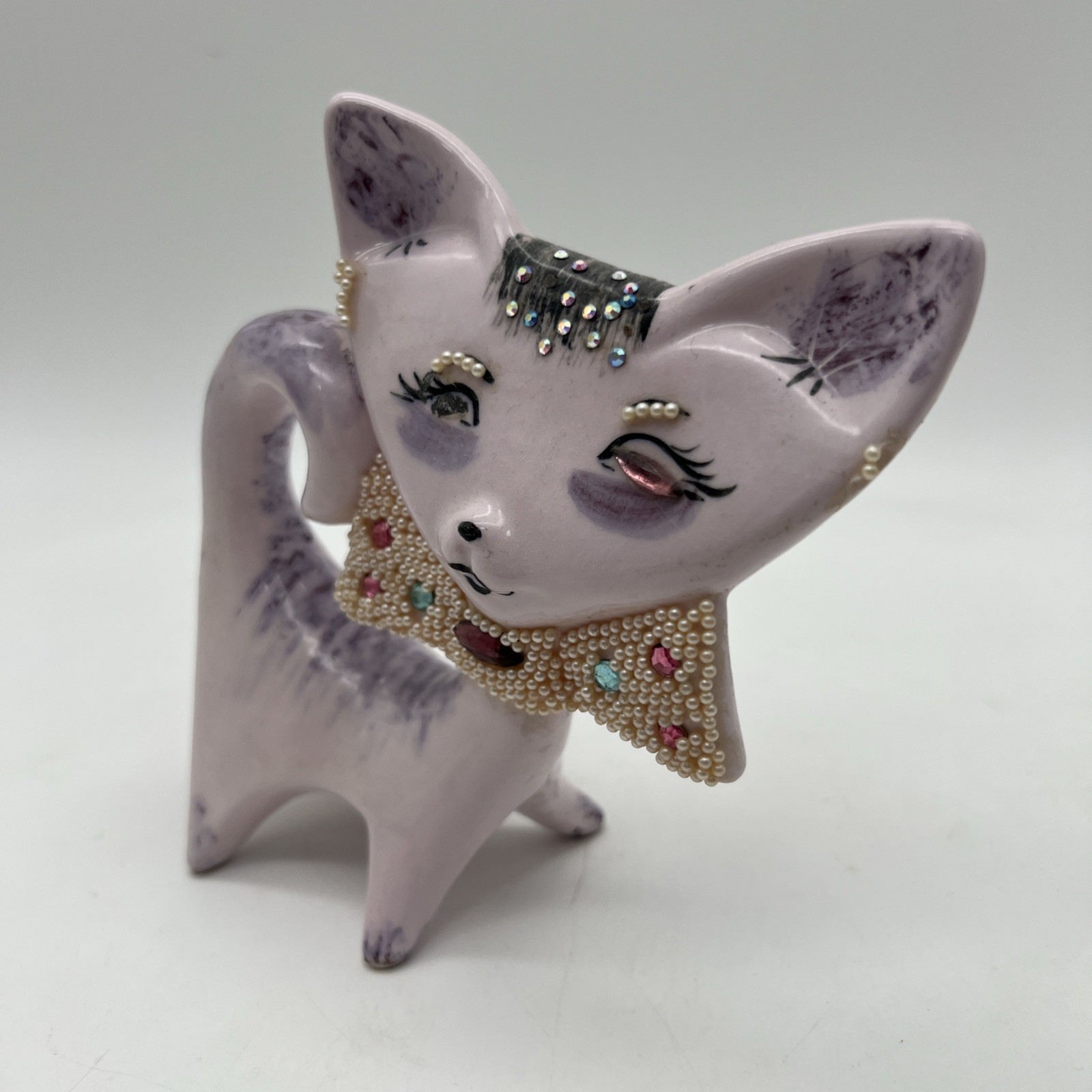MCM Flat Cat Pearl Collar Purple Rhinestone Groovy Kitty Kitten 1950’s