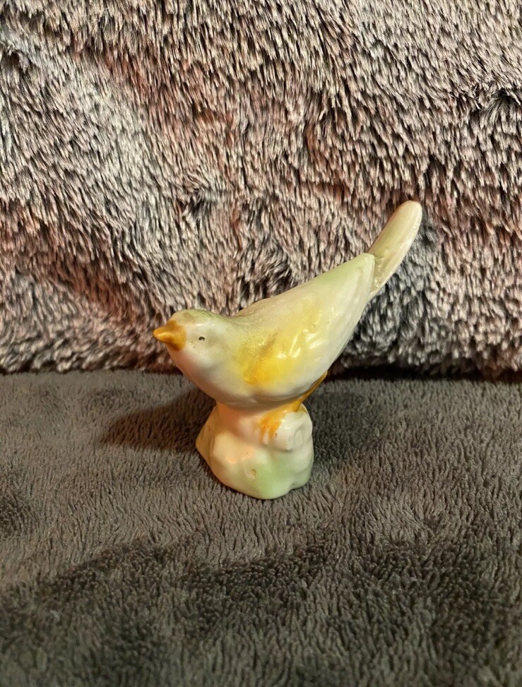 Vintage Ceramic Bird Japan MCM Figurine Miniature Green Yellow
