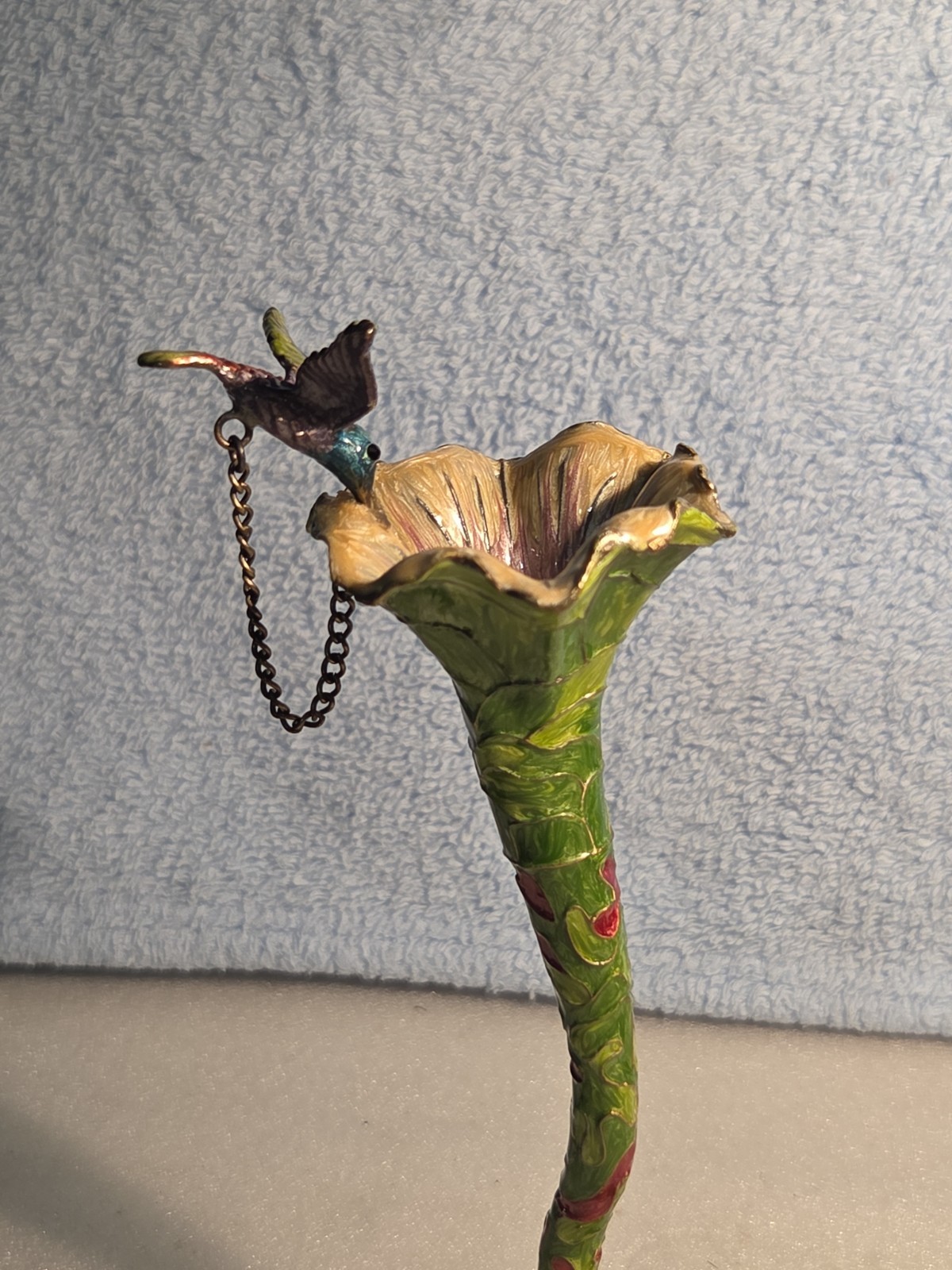 VTG Le Tresore’ Enamel on Metal Hummingbird in Flower Figurine With LT Mark