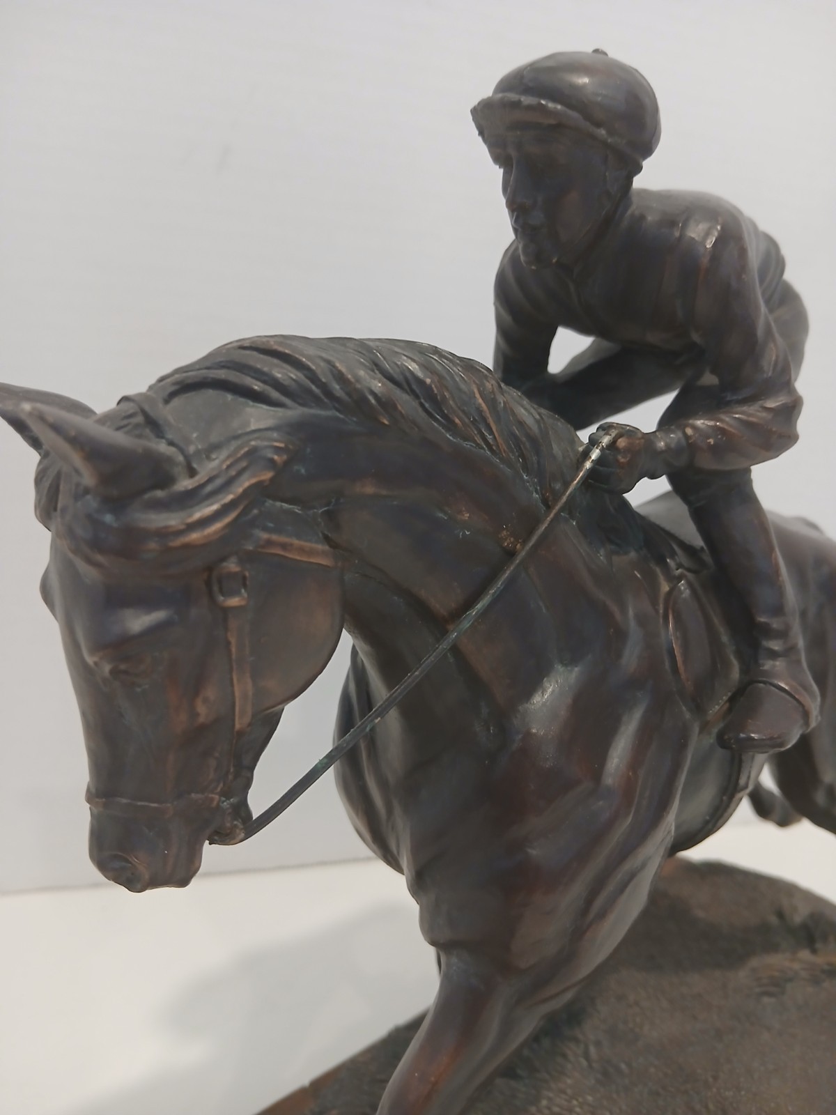 Bronzed Horse and Jockey Sculpture – Heavy Composite – Hand Painted on Wood Base