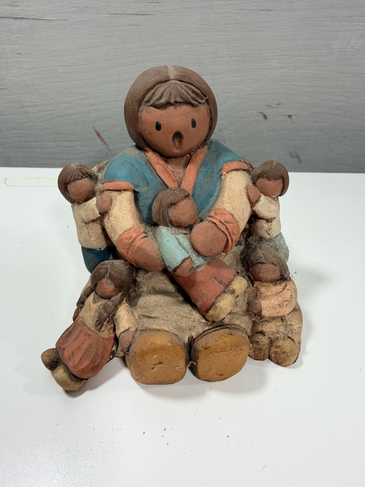 Vintage Singing Woman With 5 Kids Folk Art Figurine Pottery Hand Painted
