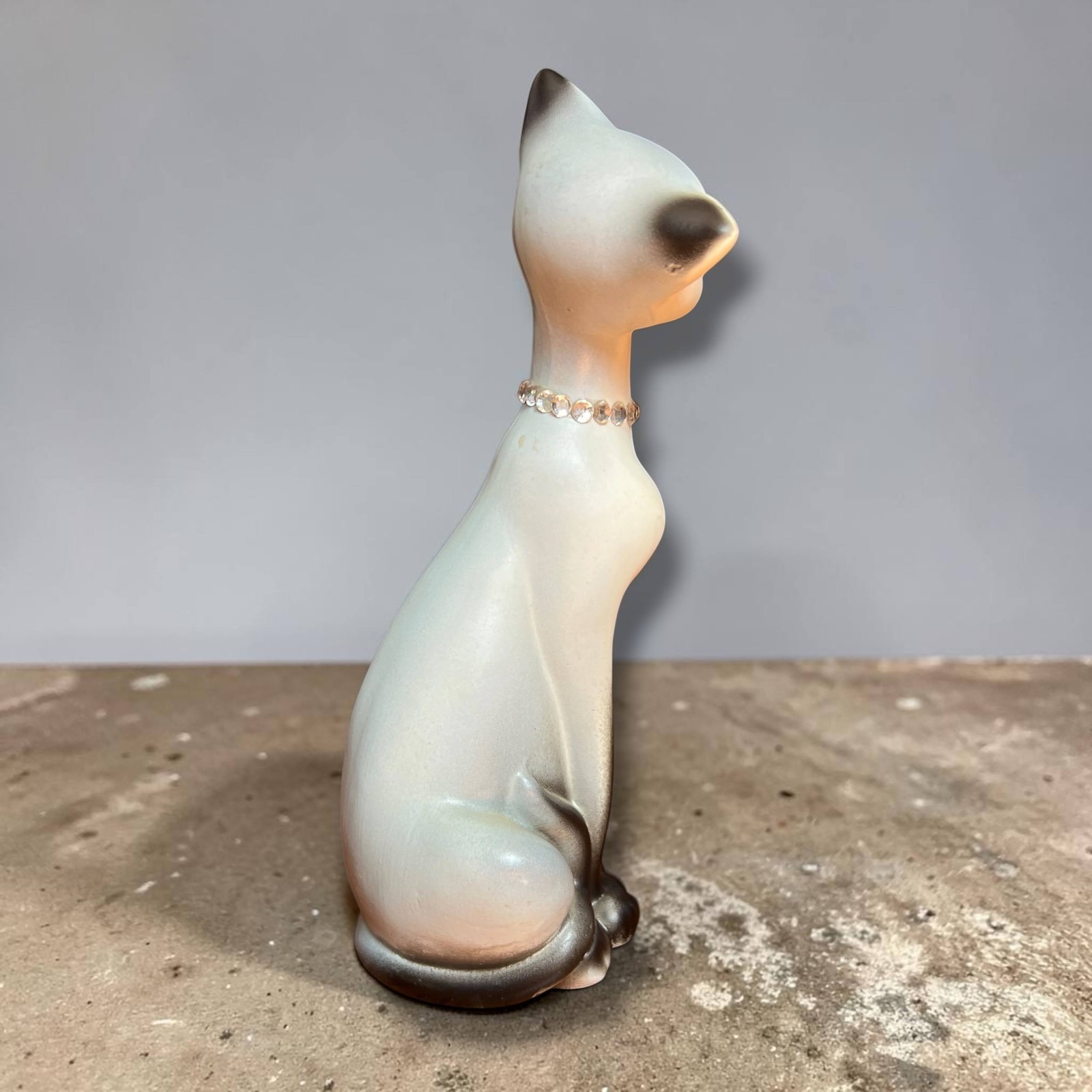 Vintage Mid Century Modern Siamese Cat Figurine Jeweled Eye Beaded Collar