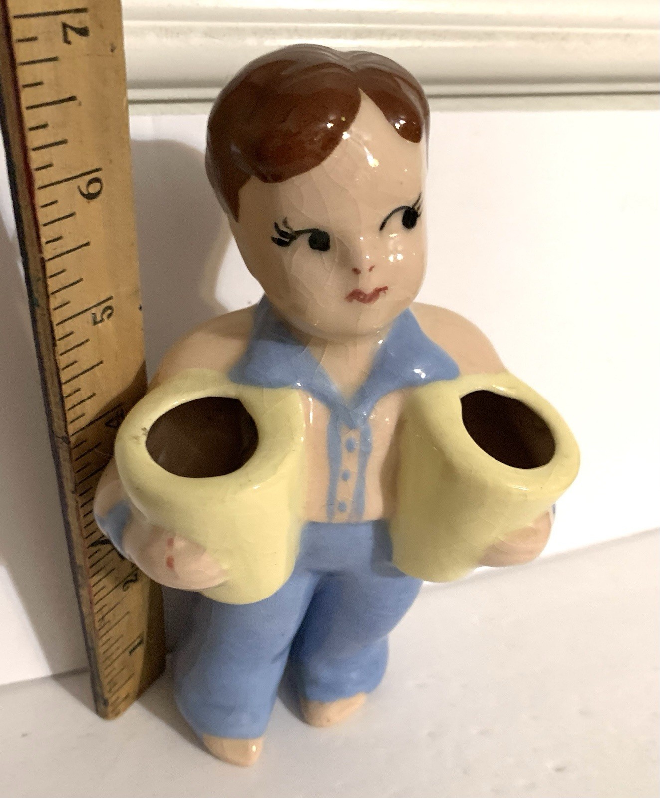 Vintage ceramic Young Boy Holding Bongo Drums Toothbrush Holder