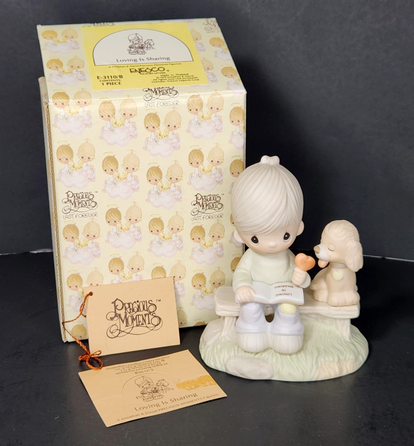 Precious Moments E-3110/B Loving is Sharing 1979 Boy w/ Dog Figurine G-clef Box