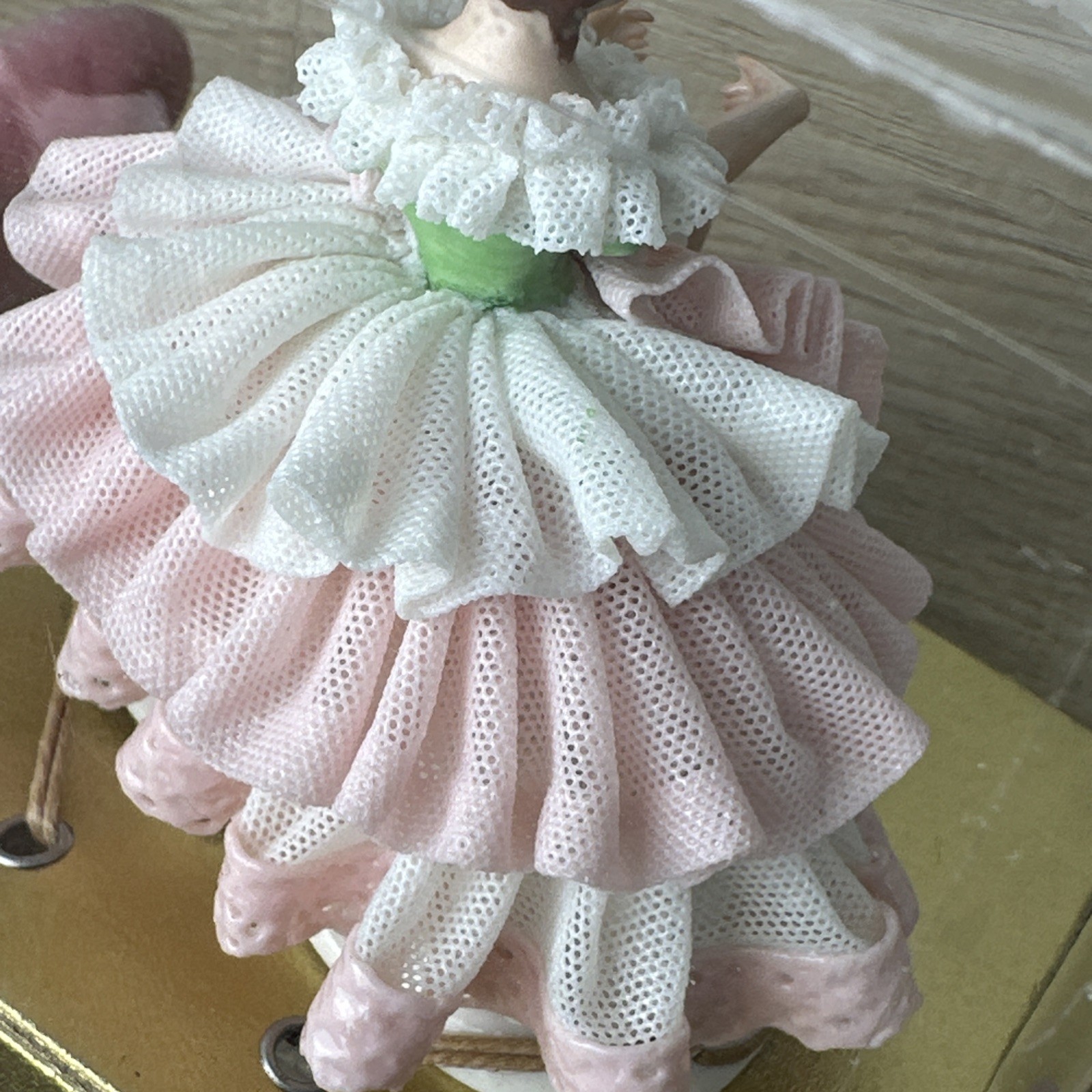 Vintage German Dresden Lace Ballerina Figurine Pink Tutu 3″ In Original Box NIB