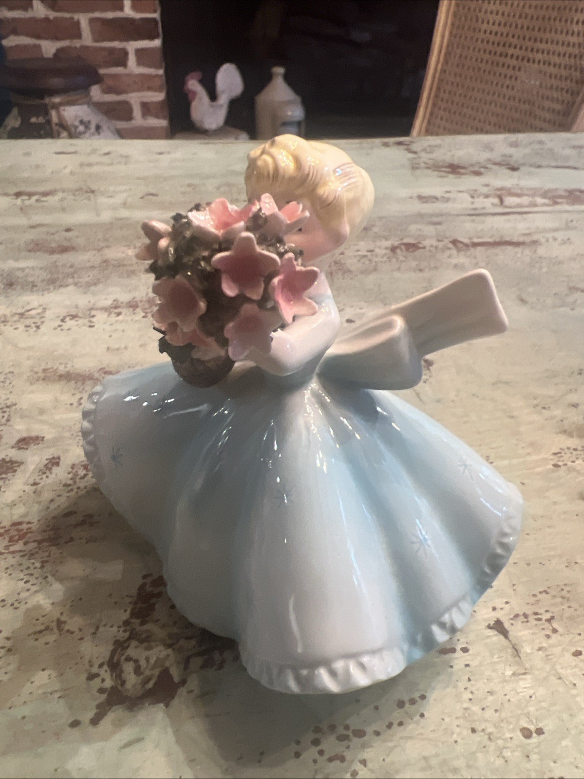 Vintage LEFTON’S JAPAN BLOND GIRL w/ FLOWER BASKET & BOUQUET, Blue Gown, #1450B