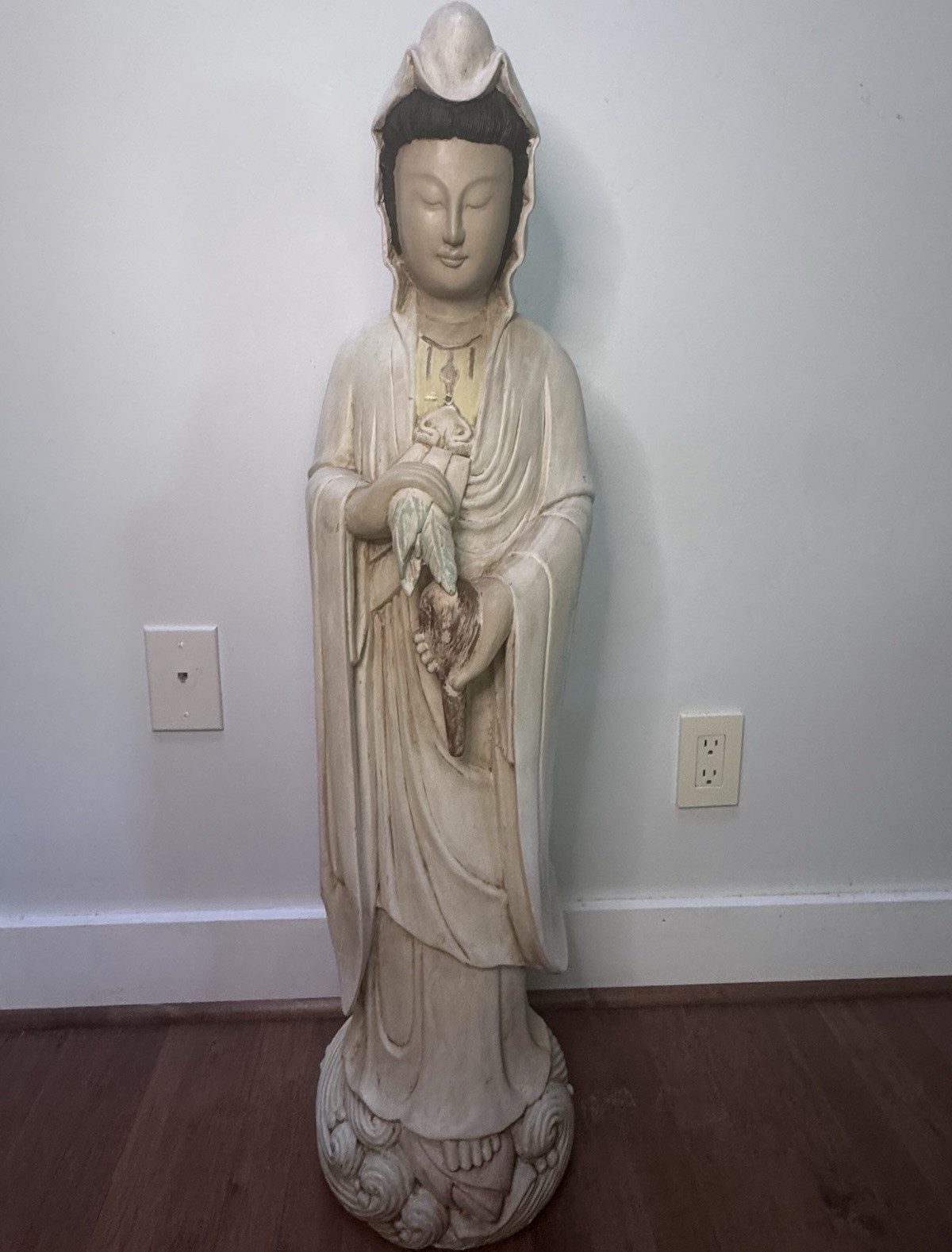 Title: Large Hand Carved Wooden Kwan Yin Guanyin Statue 40″ Asian Buddhist Sculp
