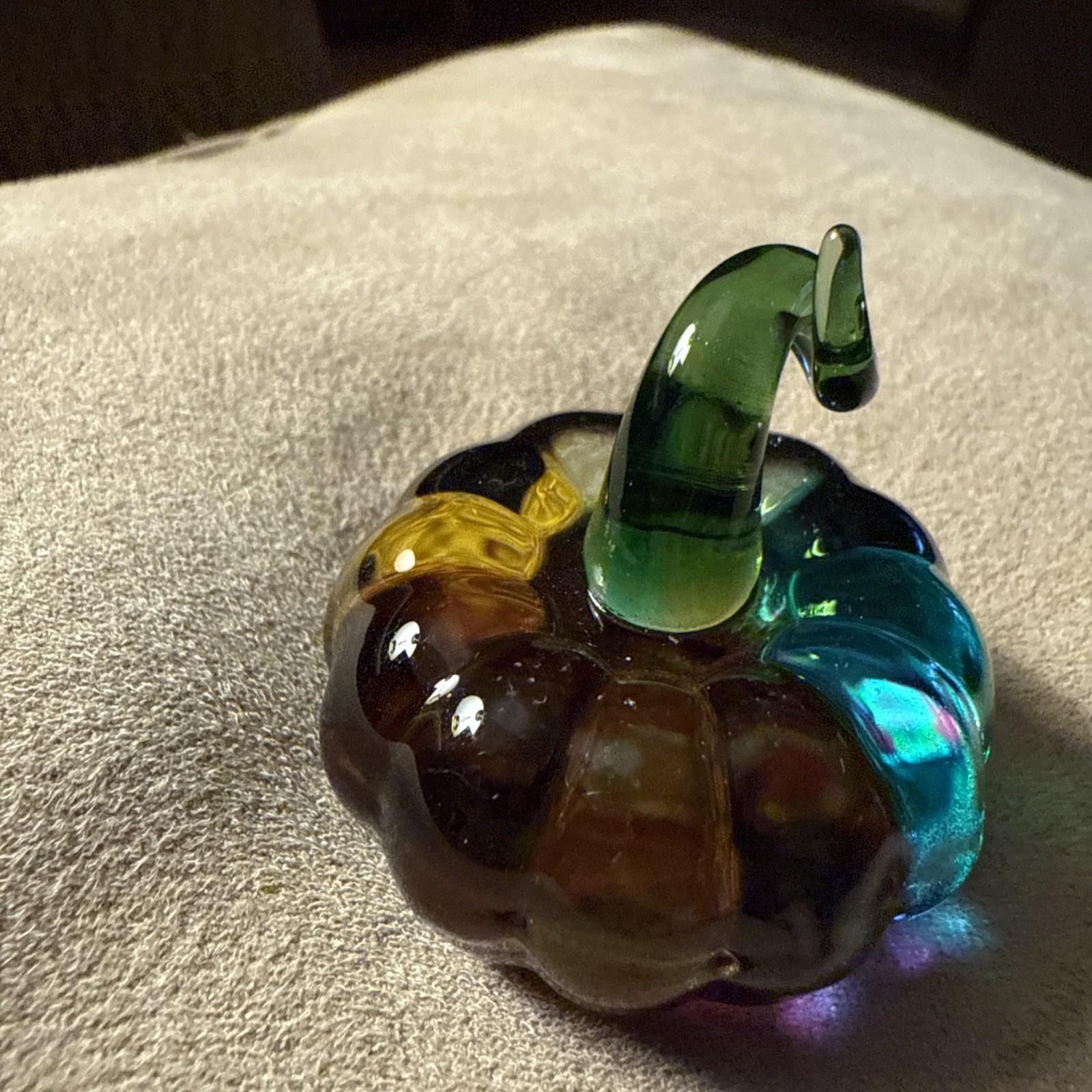 Adorable Handcrafted Glass Multi Colored Pumpkin With Green Stem Figurine