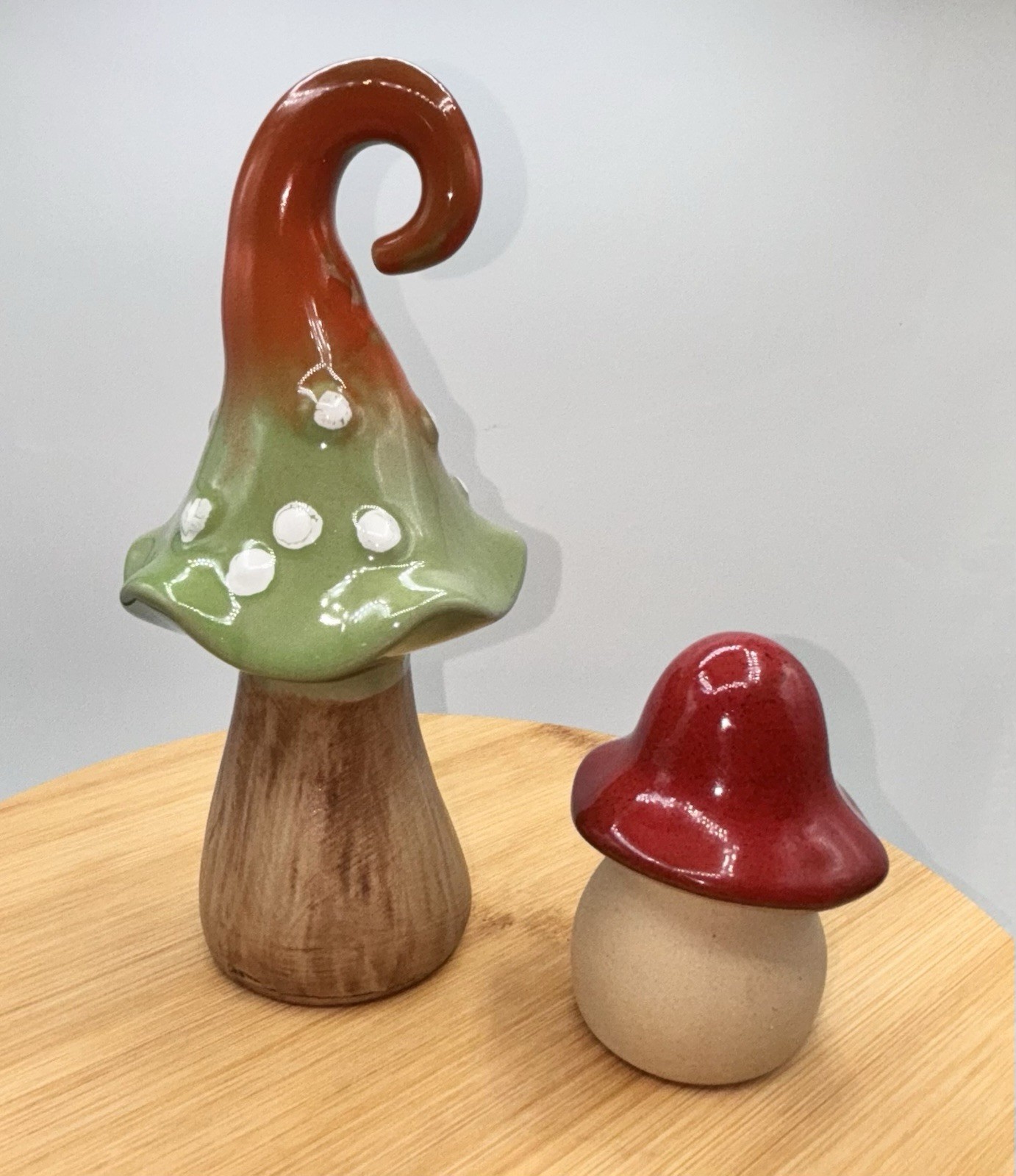 2 Mushroom ceramic figurines orange green white dots red The spring shop NWOT