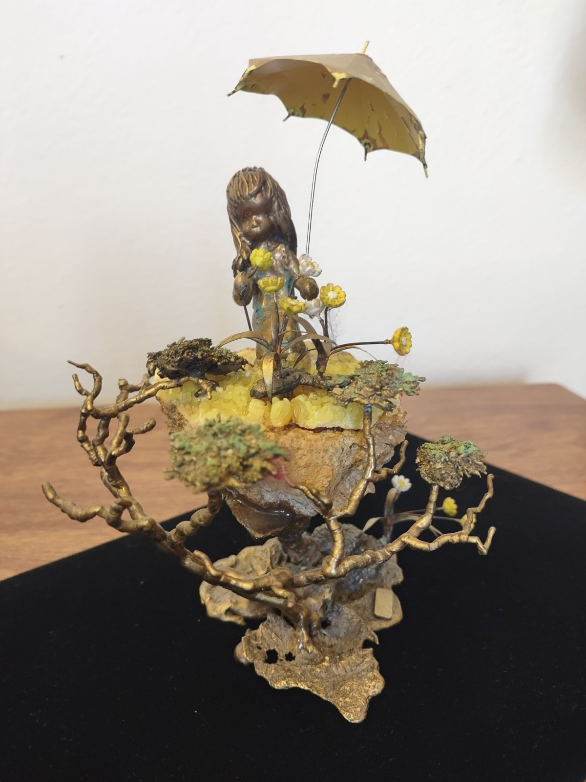 Antique Brass and Quartz Seated Young Girl with Umbrella Statue Figurine, EXC.