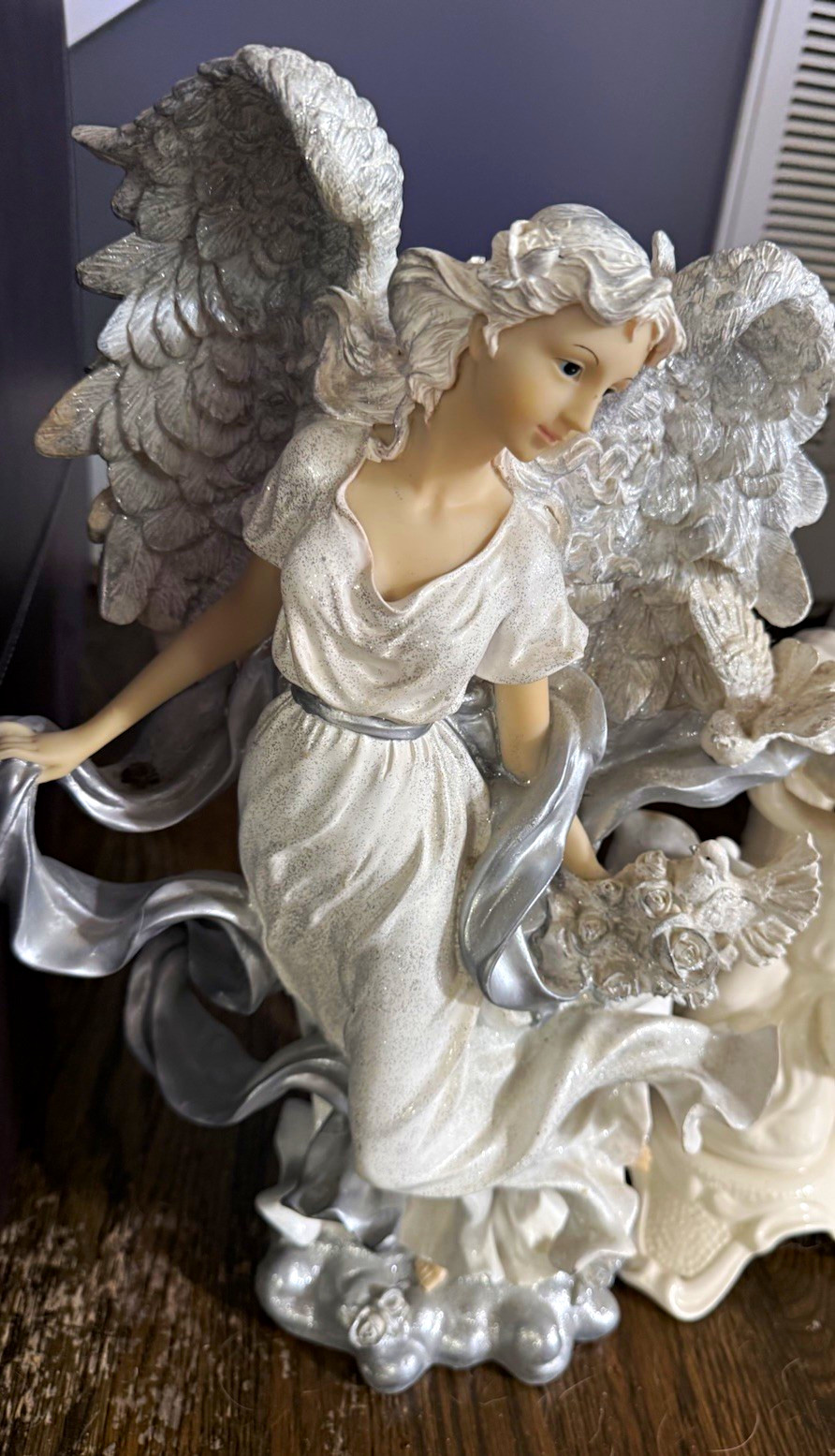 White & Silver Ceramic Angel Figurine with 3D Effect Wings, Glossy Finish