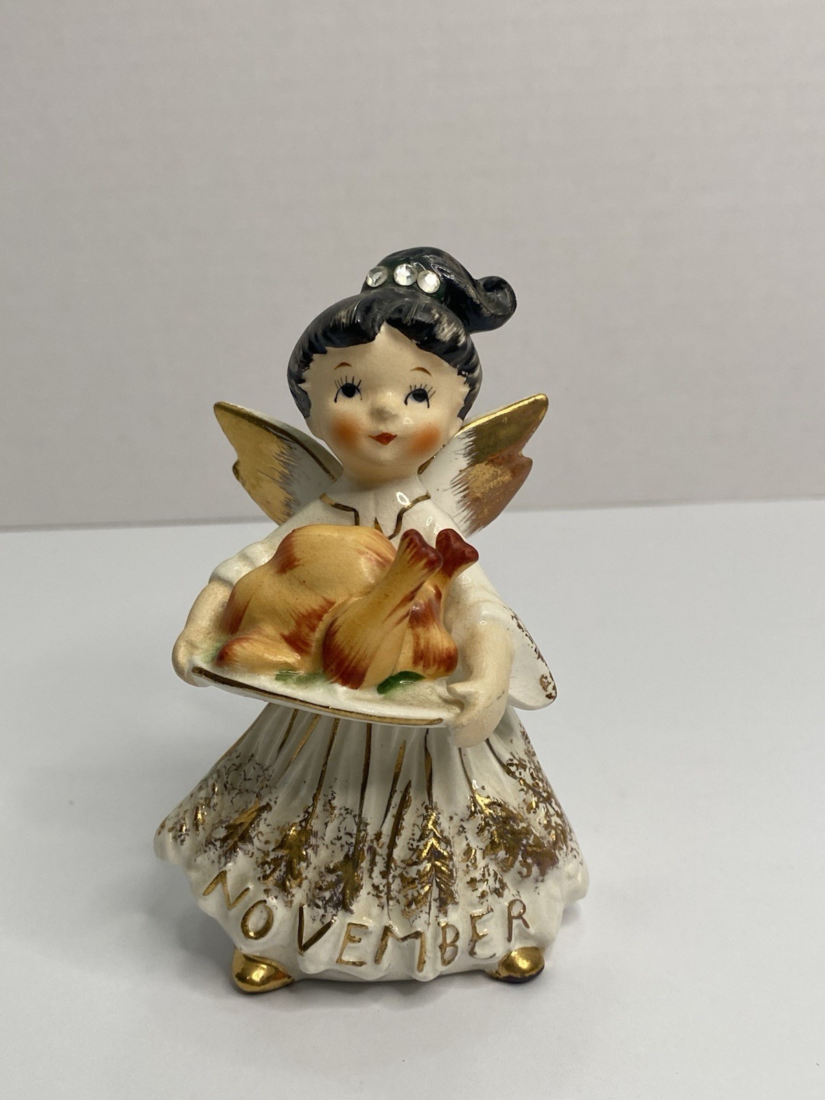 Vintage Lefton November Birthday Angel Holding Turkey 1987J RARE HTF
