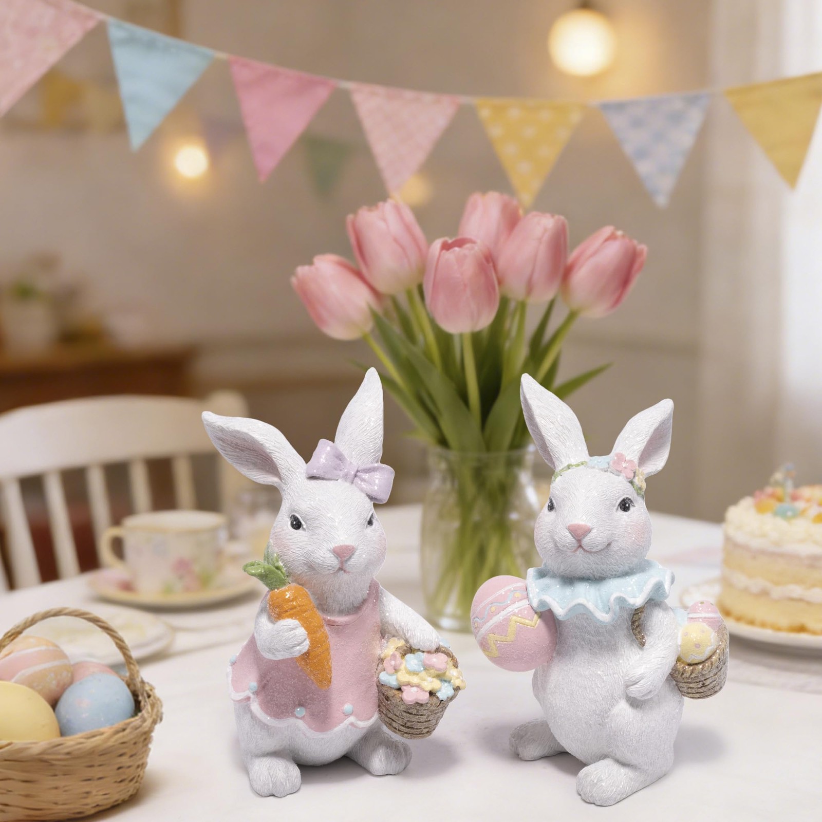 Easter Bunny Figurines Set, Spring Rabbit Decor with Easter Eggs Basket, Flor…