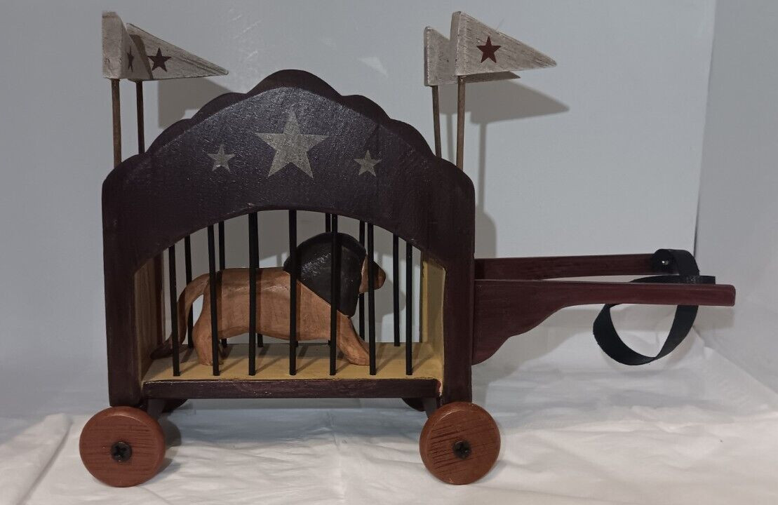 Vintage Handmade Wood Carved Circus Cart With Wood Lion