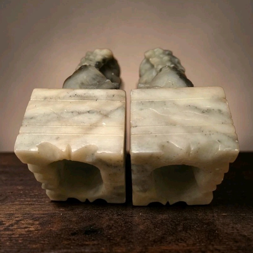 Chinese Pair Of Gray Marble Carved Soapstone Foo Dogs Guardian Lion Bookends 4″