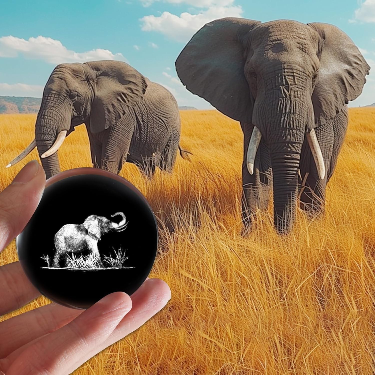 3D Elephant Crystal Ball with Stand Lase Engraved Glass Sphere 2.36 inch
