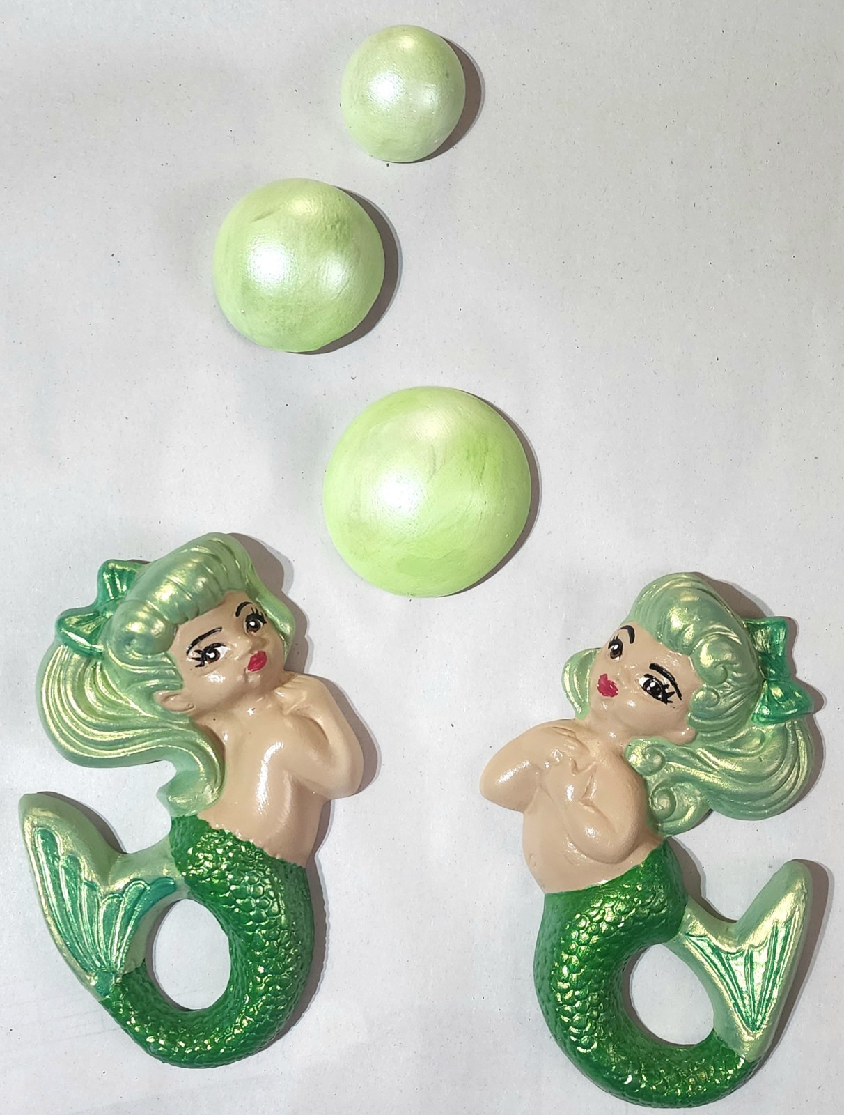 Vintage Style Retro Repro 2 Mermaids & 3 Bubbles Chalkware Wall Plaques