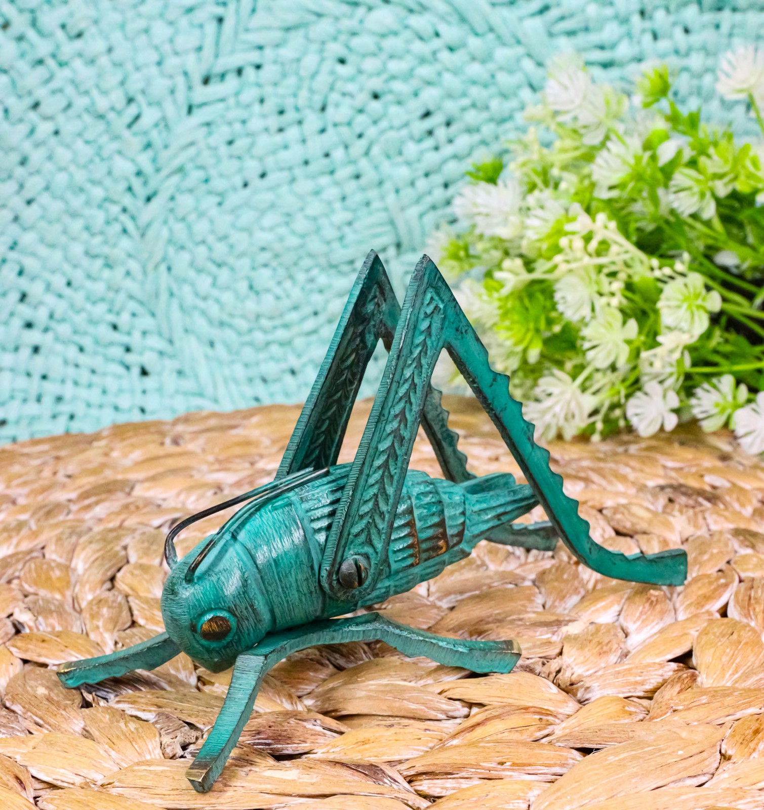 Antiqued Green Verdigris Solid Brass Medium Cricket Good Luck Sculpture 5.5″L