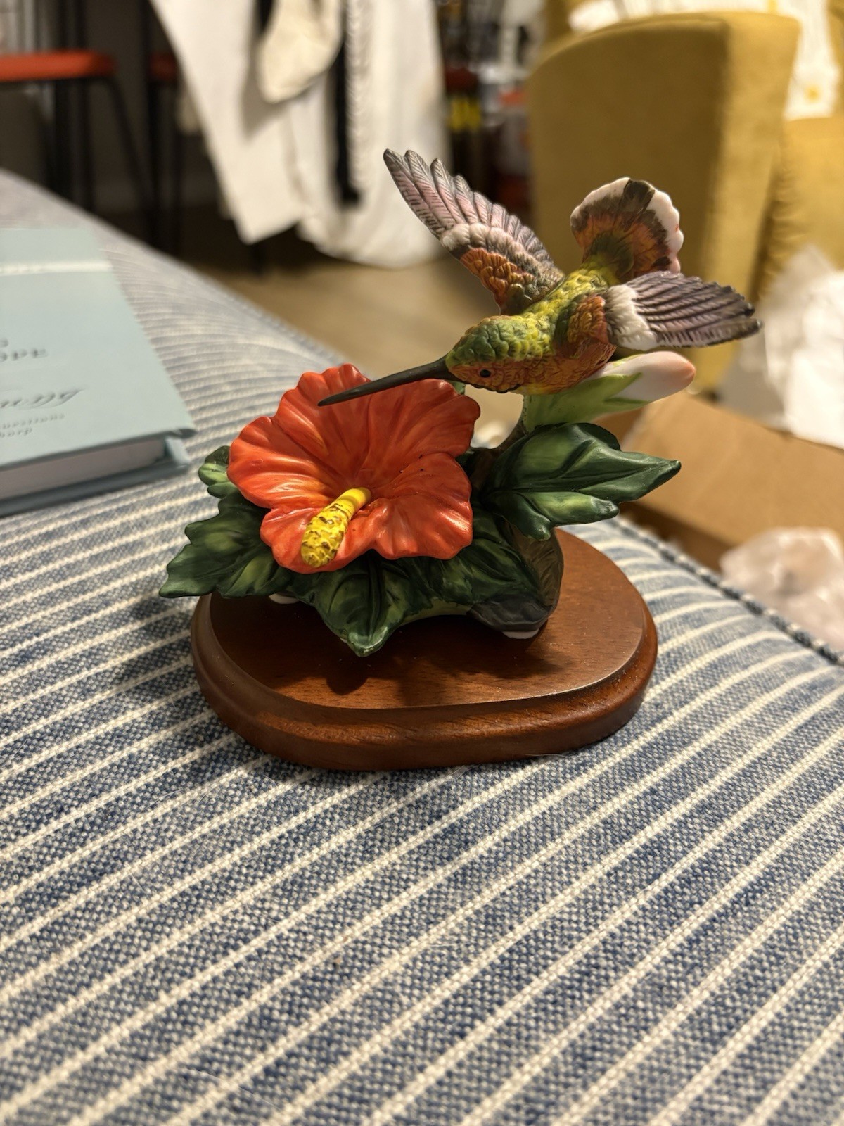 Hummingbird and Flower Resin Figurine Painted Multicolor with Wooden Base