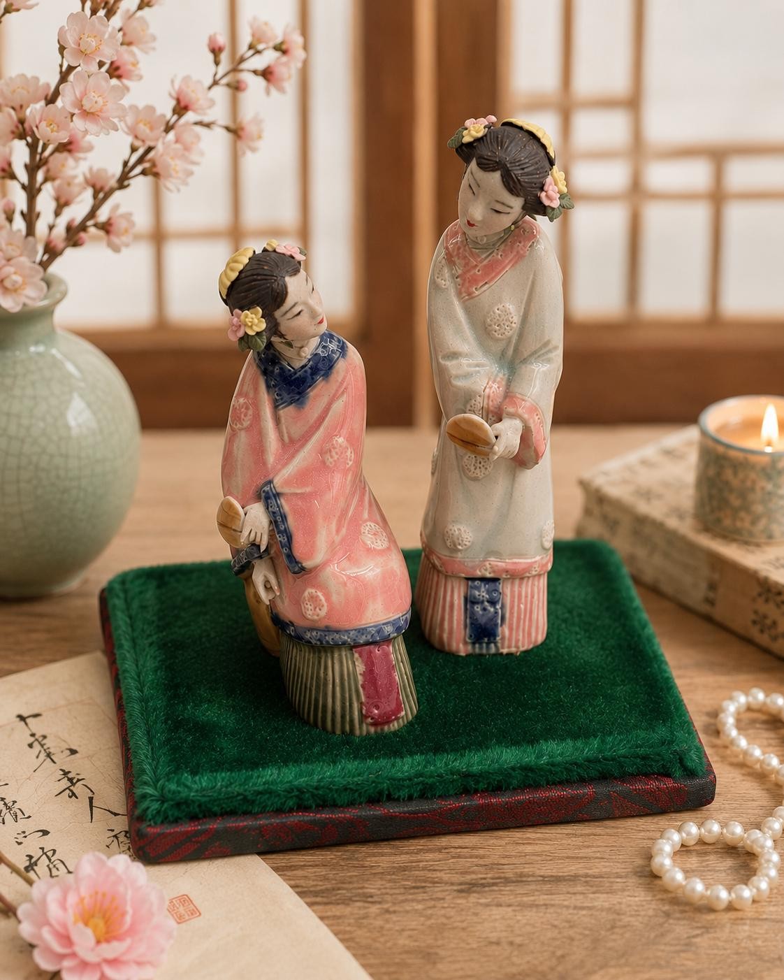 Asian Shiwan Figurines on Silk Base with Decorative Box – Hand Painted