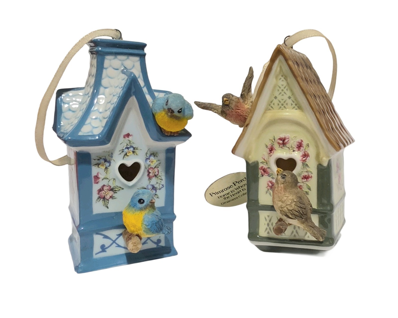 Bradford Editions 2 Heirloom Porcelain Bird Houses w Labels
