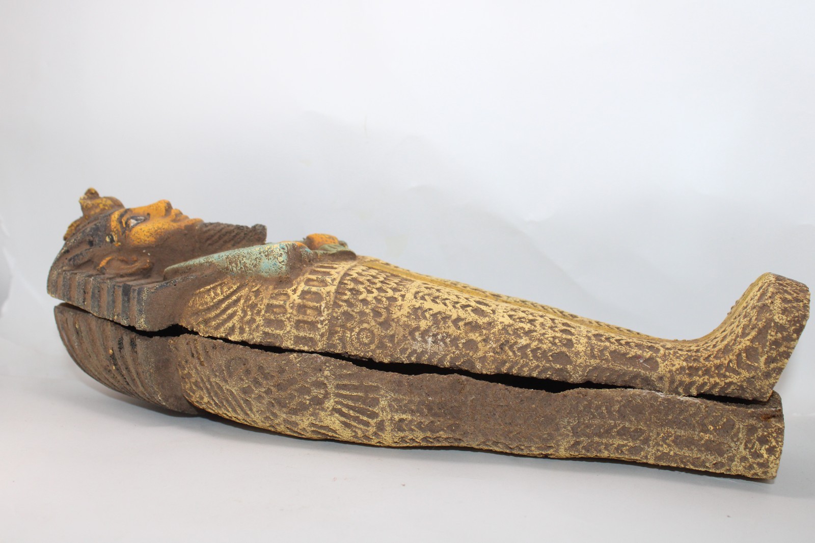 Rare Ancient Egyptian King Tut Wood Sarcophagus with Tutankhamun Mummy Statue