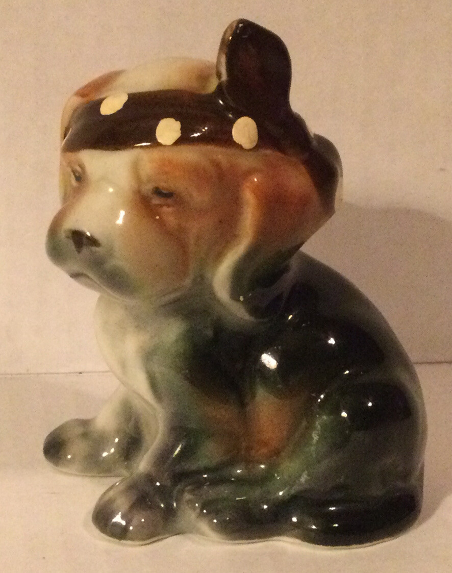 Vintage whisical Ceramic Dog Figurine with head scarf approx. 2.5″