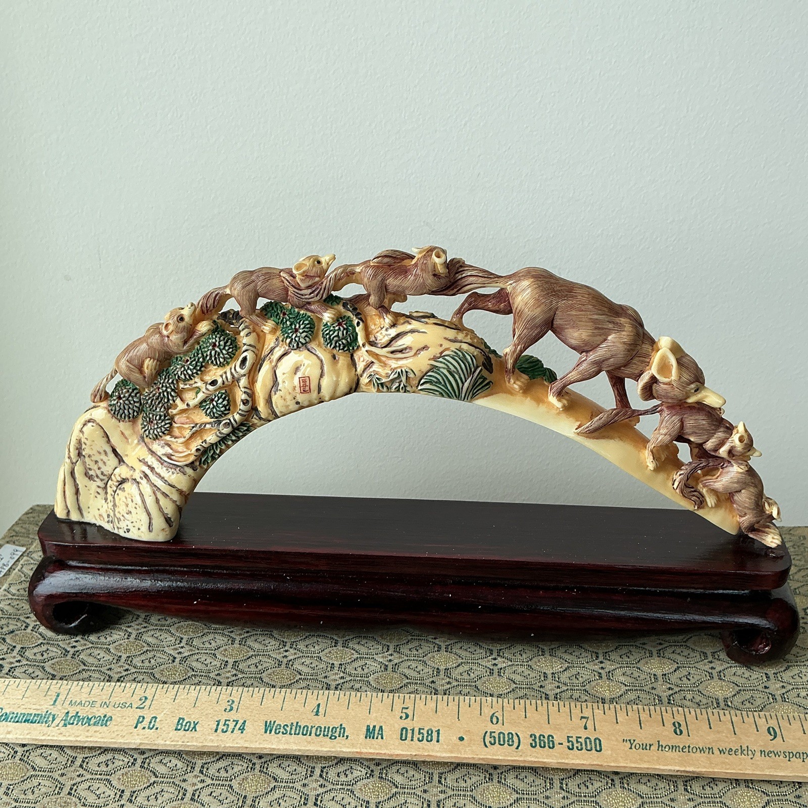 Ivory color Group animal Arch Sculpture on Dark Wood Base Brown Beige Green