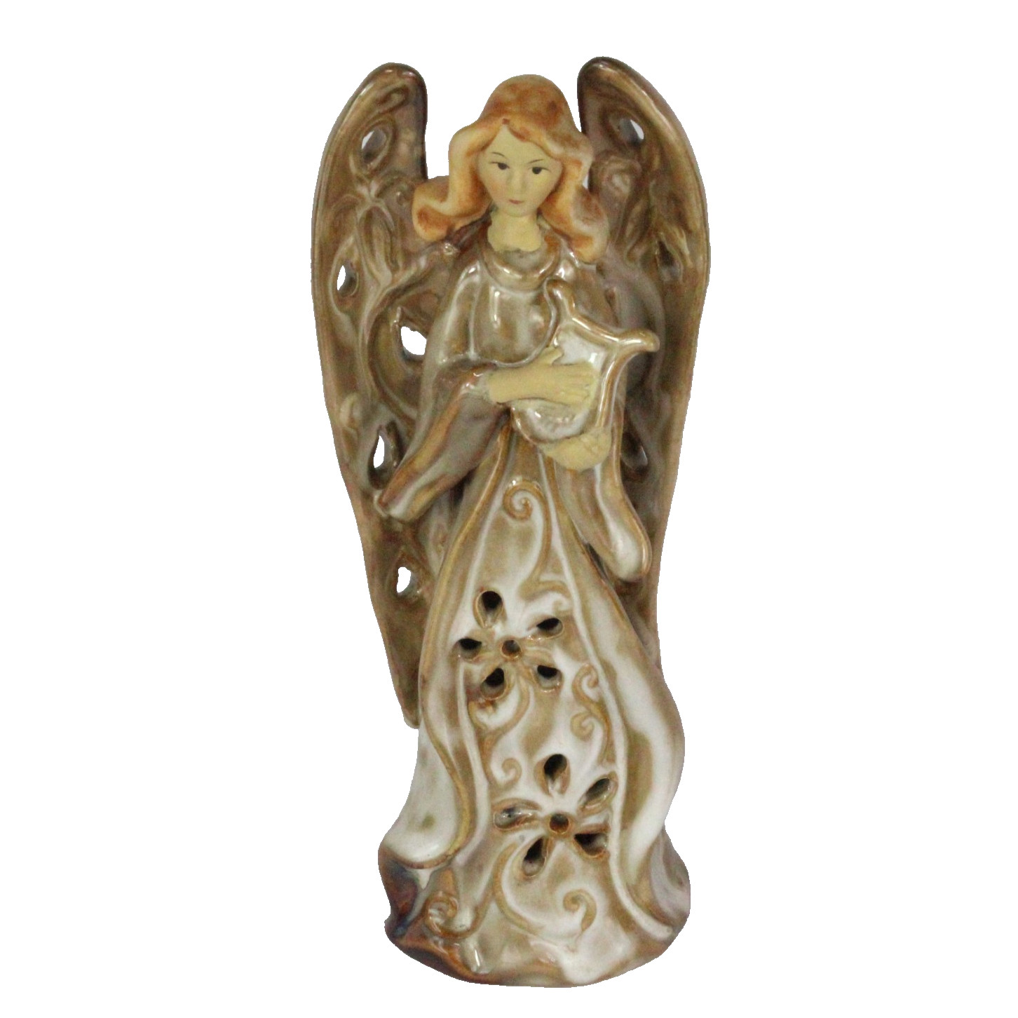 Ceramic Angel Playing Harp Cut Out Wings & Gown Brown Earth Tones 8″ Tall