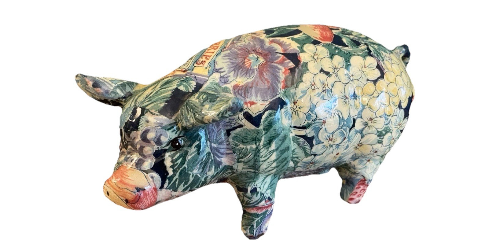 VTG Joan Baker Floral Patchwork Decoupage Piglet Statue Figurine