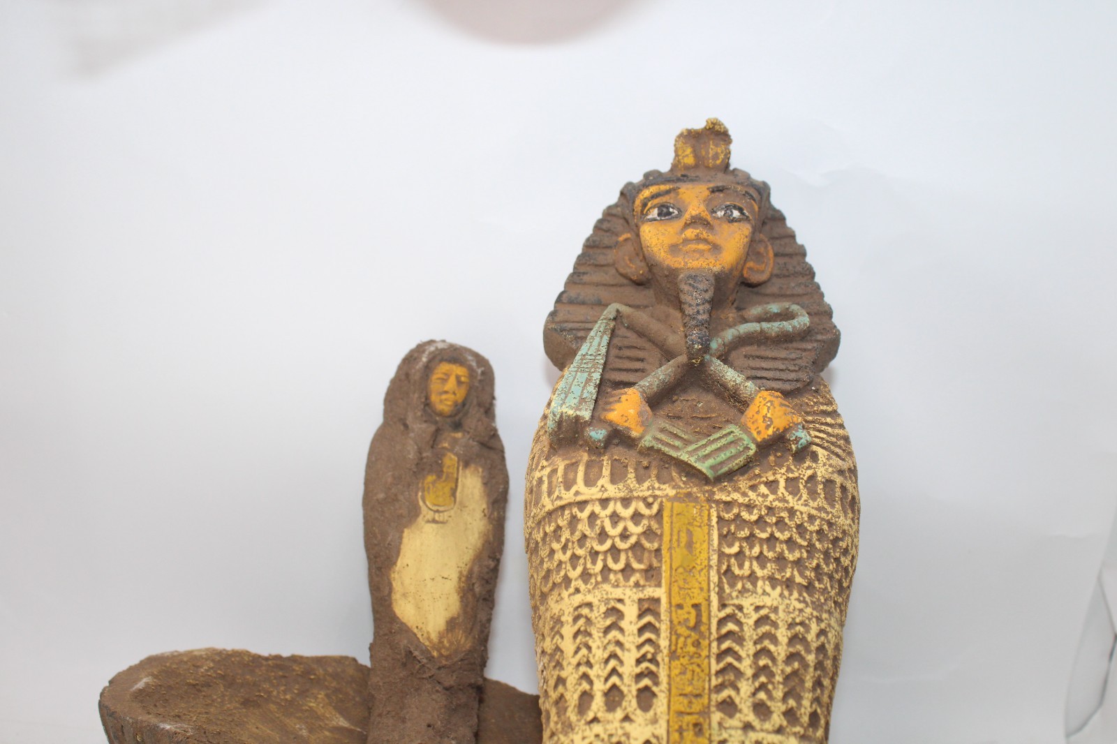 Rare Ancient Egyptian King Tut Wood Sarcophagus with Tutankhamun Mummy Statue